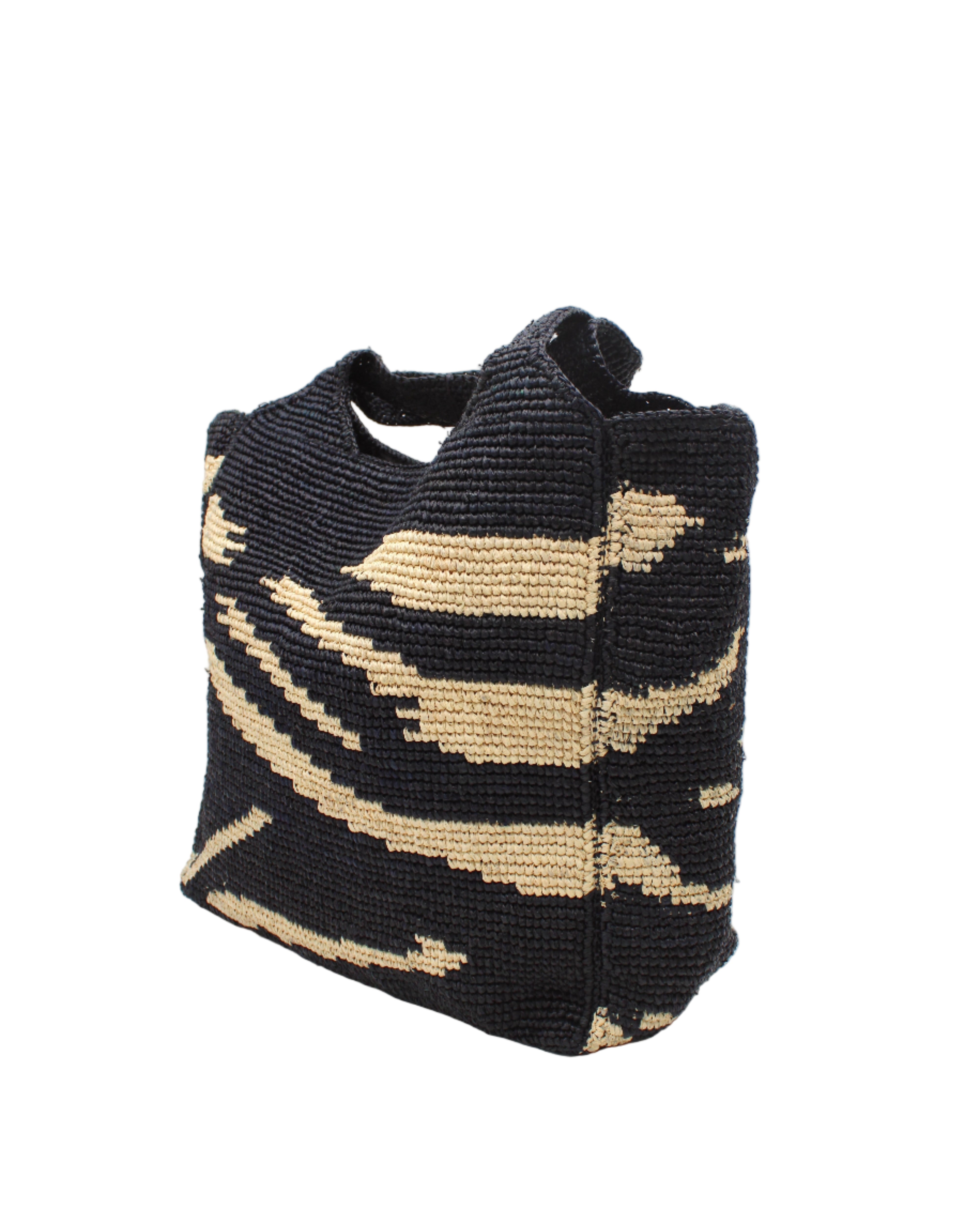 Side view Mamie XL Crochet Straw Basket Handbag handmade crochet natural raffia palm fiber in a two tone black and natural straw color zebra stripe pattern purse beach bag - Shebobo