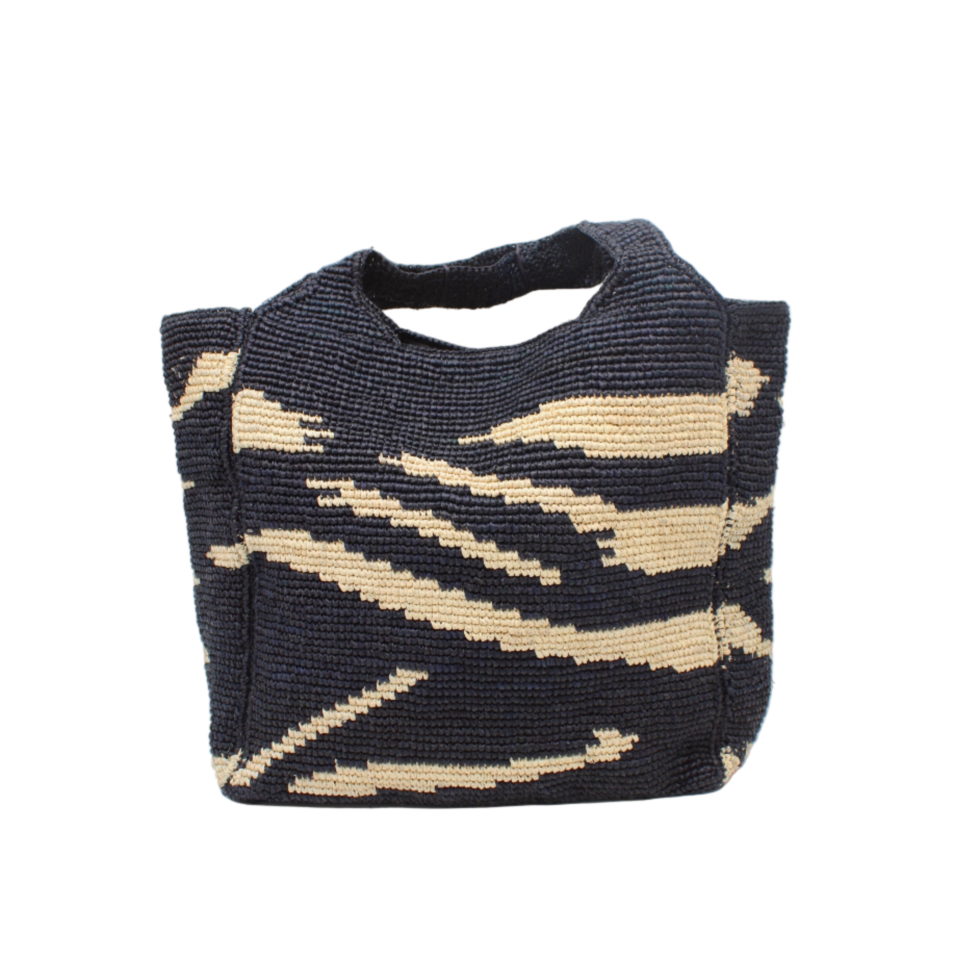 Mamie XL Crochet Straw Basket Handbag handmade crochet natural raffia palm fiber in a two tone black and natural straw color zebra stripe pattern purse beach bag - Shebobo