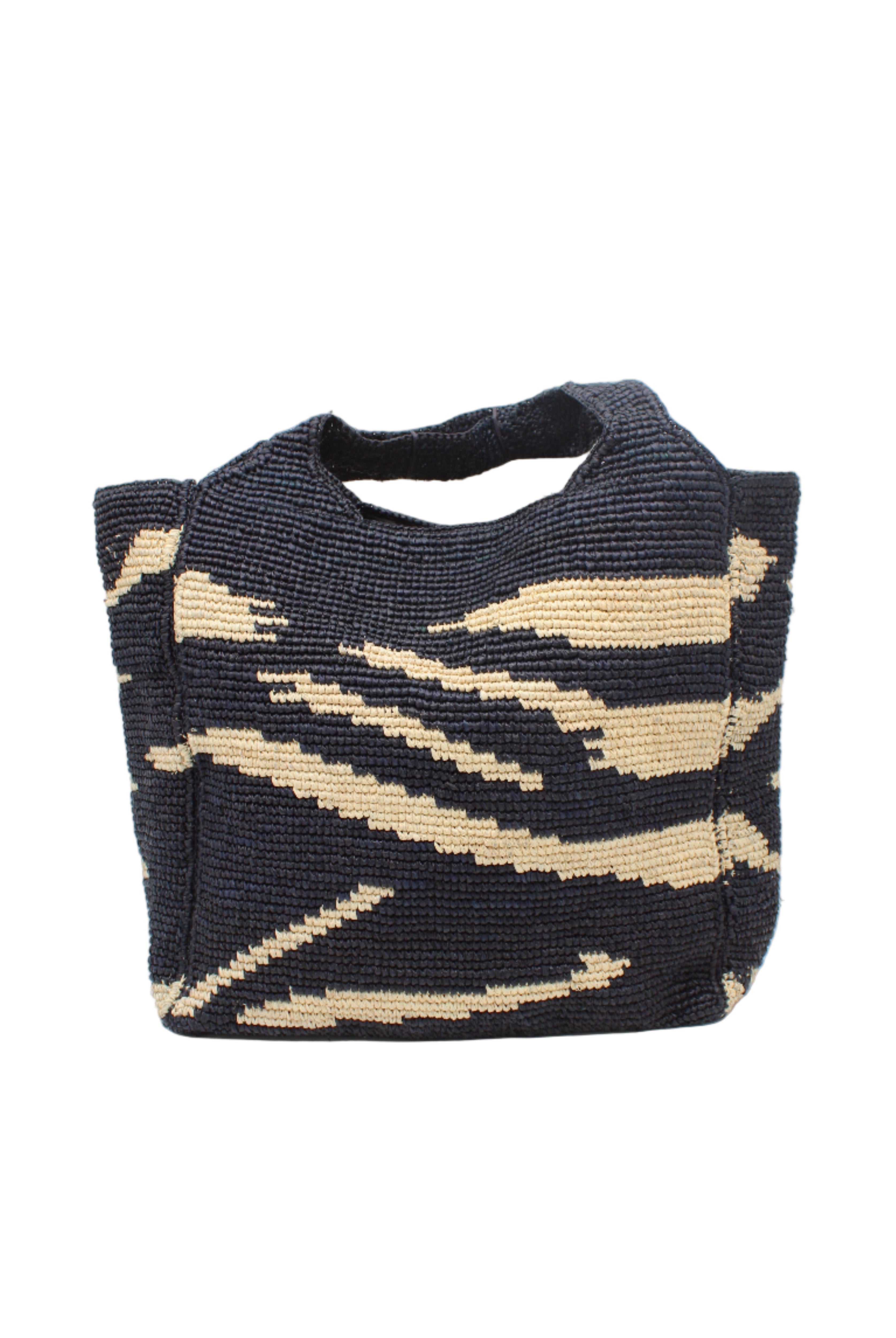 Mamie XL Crochet Straw Basket Handbag handmade crochet natural raffia palm fiber in a two tone black and natural straw color zebra stripe pattern purse beach bag - Shebobo