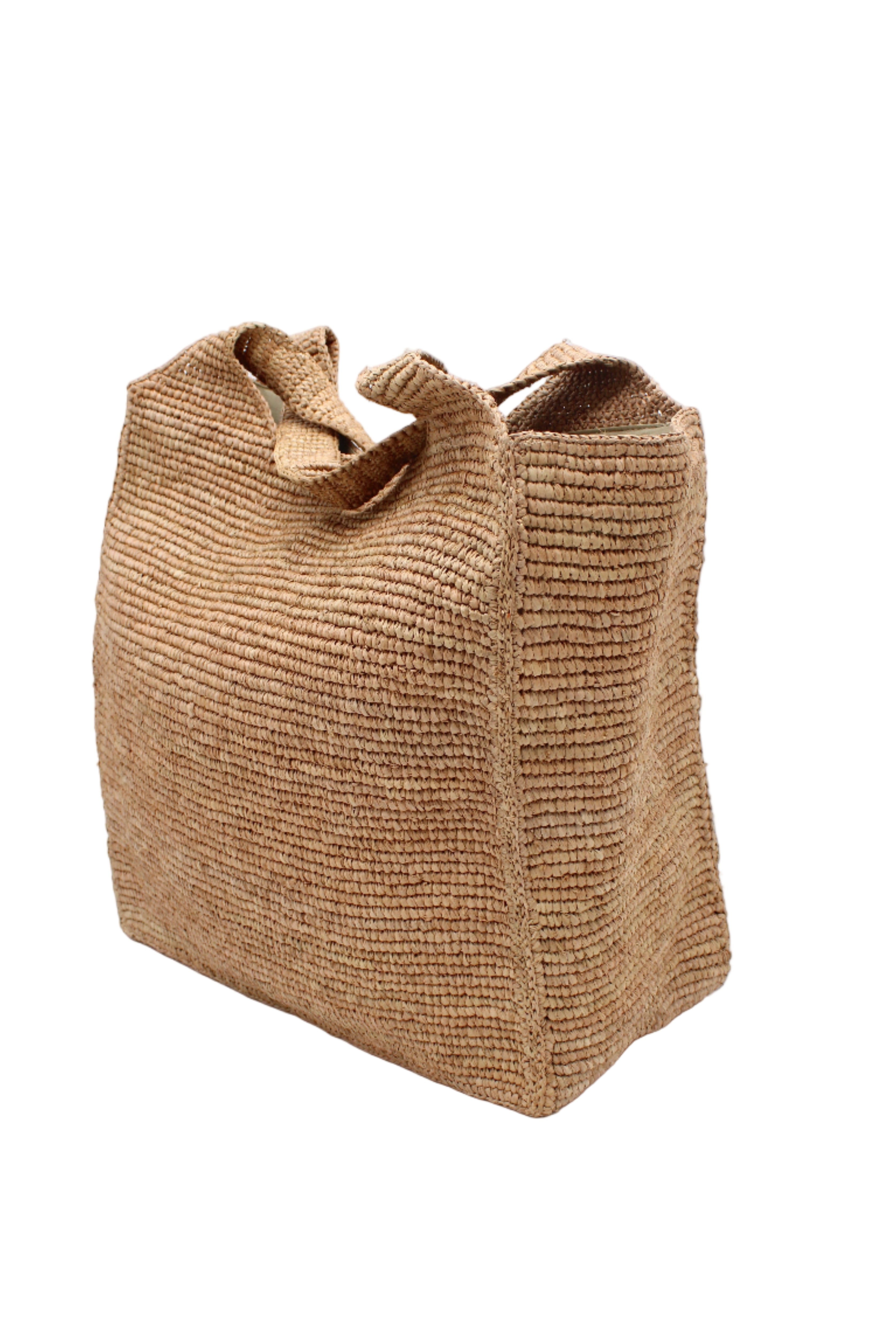 Side view Mamie XL Crochet Straw Basket Handbag handmade crochet natural raffia palm fiber in a solid hue of cappuccino tea/light/brown purse beach bag - Shebobo