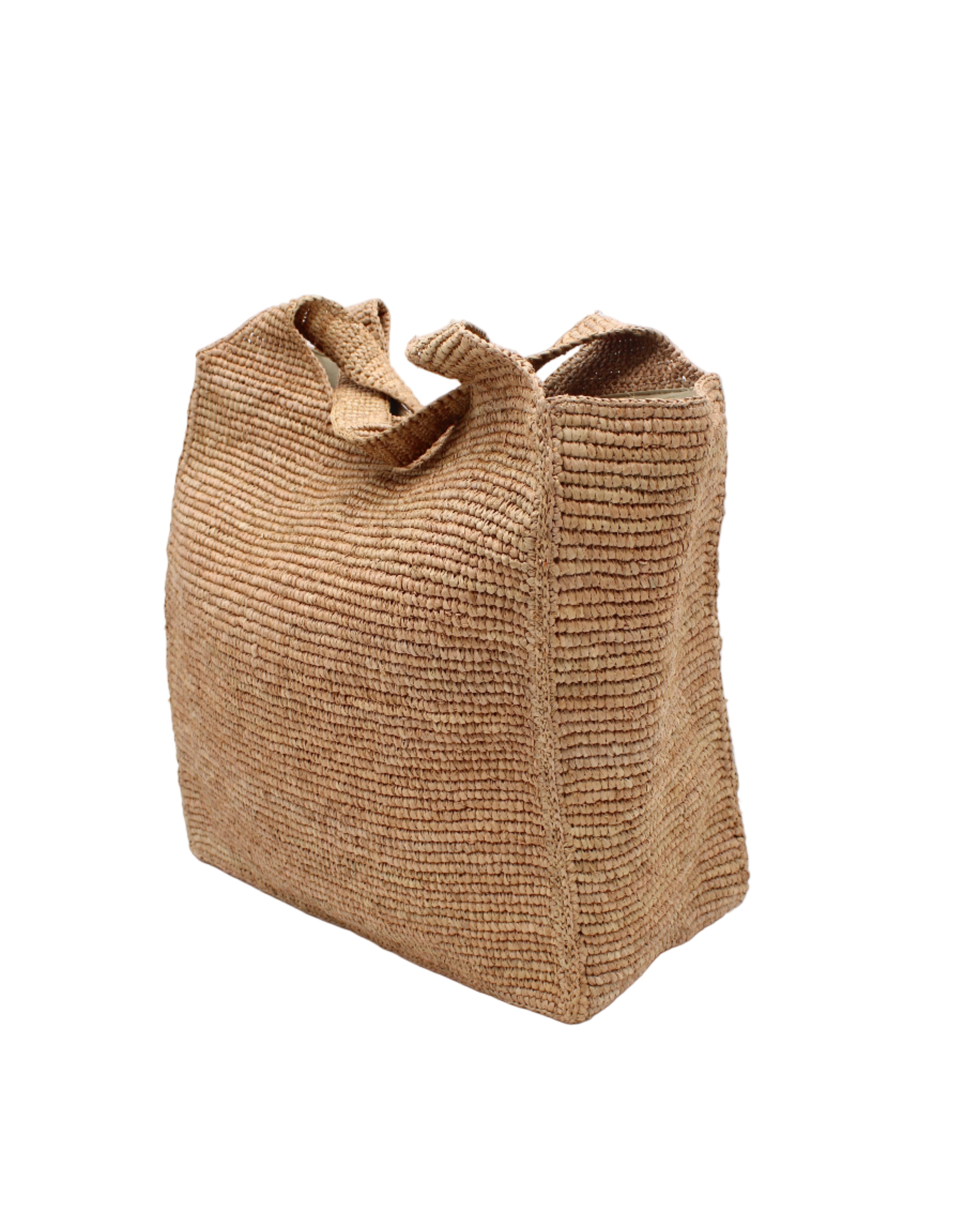 Side view Mamie XL Crochet Straw Basket Handbag handmade crochet natural raffia palm fiber in a solid hue of cappuccino tea/light/brown purse beach bag - Shebobo