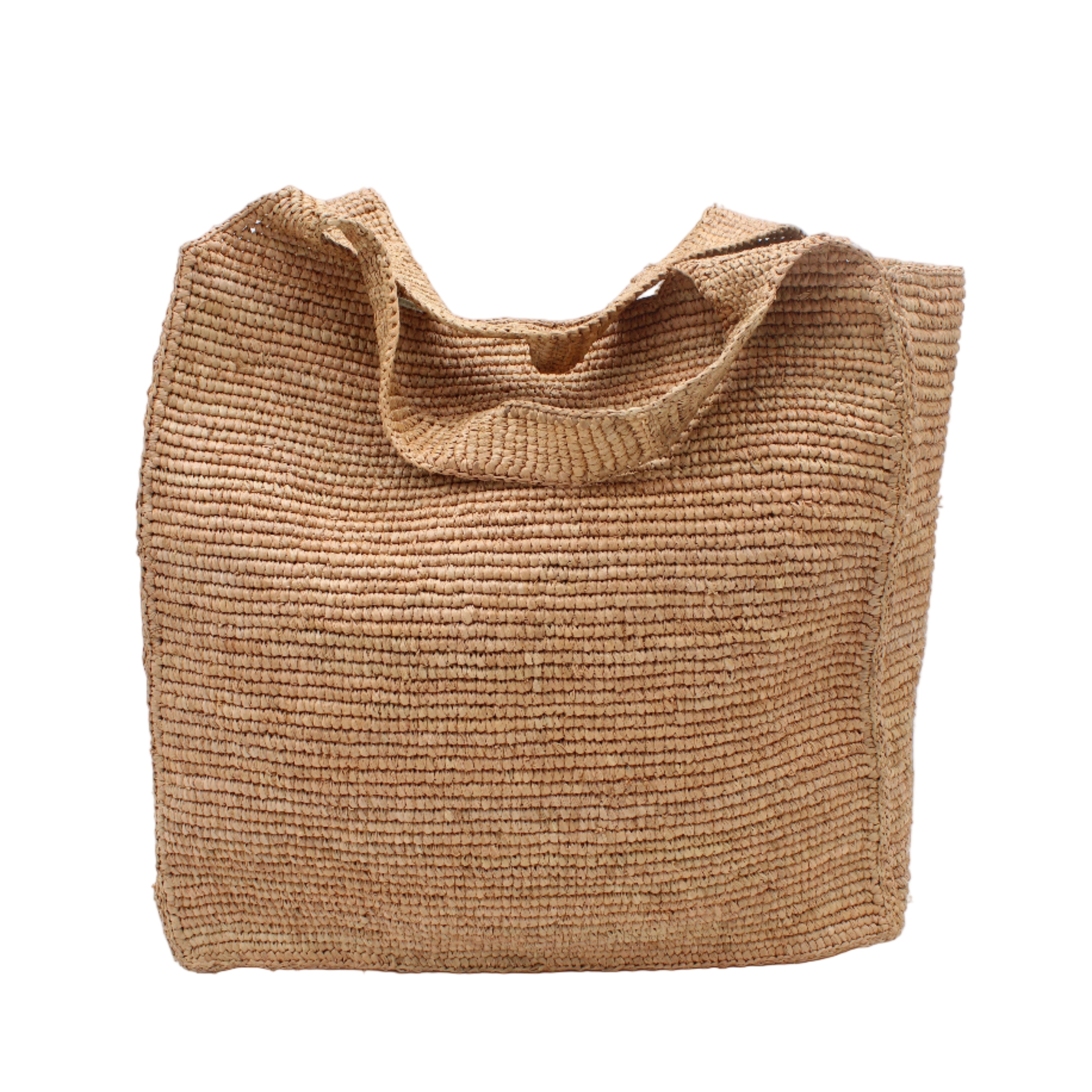Mamie XL Crochet Straw Basket Handbag handmade crochet natural raffia palm fiber in a solid hue of cappuccino tea/light/brown purse beach bag - Shebobo