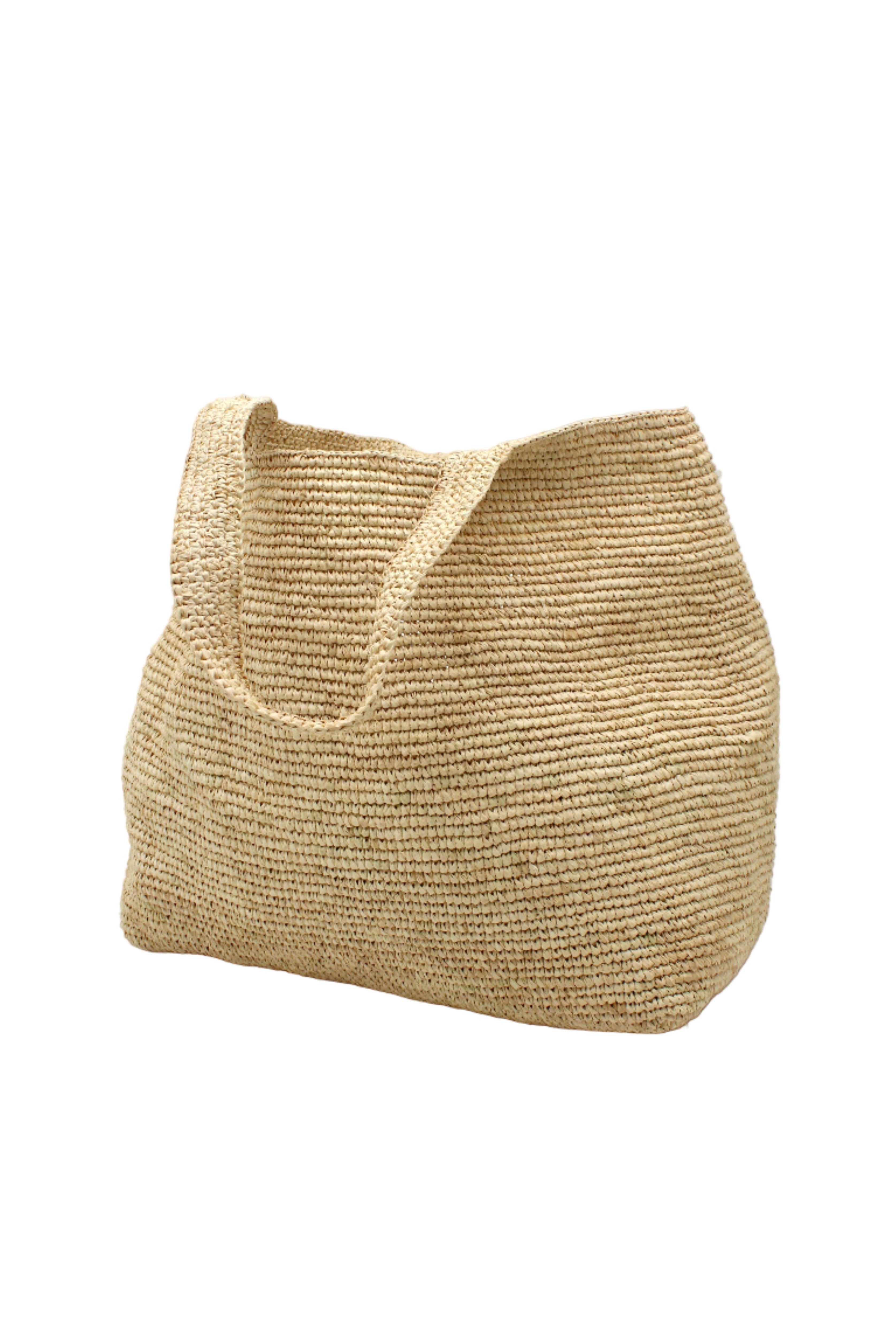 Side view Mamie XL Crochet Straw Basket Handbag handmade crochet natural raffia palm fiber in a solid hue of natural straw color purse beach bag - Shebobo