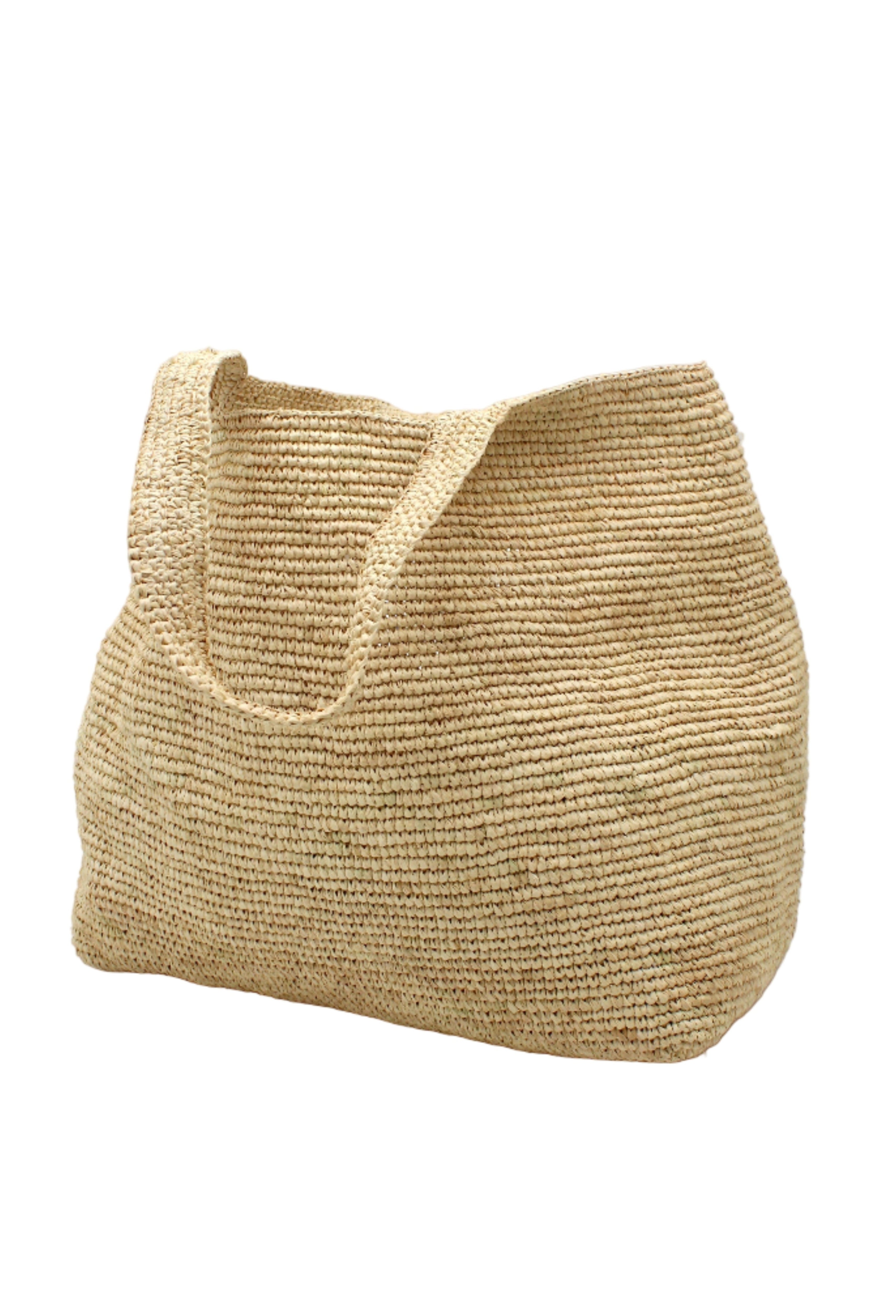 Side view Mamie XL Crochet Straw Basket Handbag handmade crochet natural raffia palm fiber in a solid hue of natural straw color purse beach bag - Shebobo