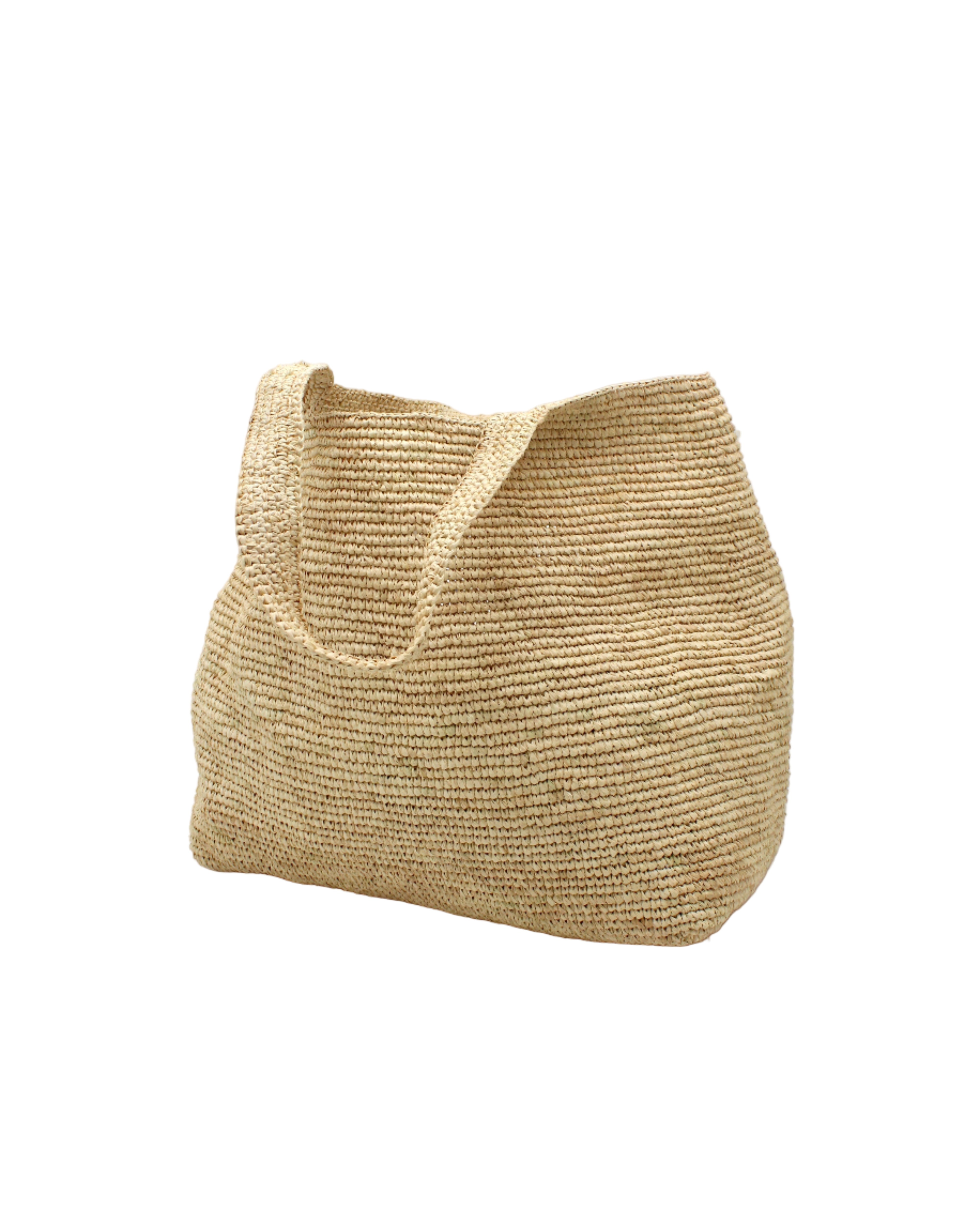 Side view Mamie XL Crochet Straw Basket Handbag handmade crochet natural raffia palm fiber in a solid hue of natural straw color purse beach bag - Shebobo