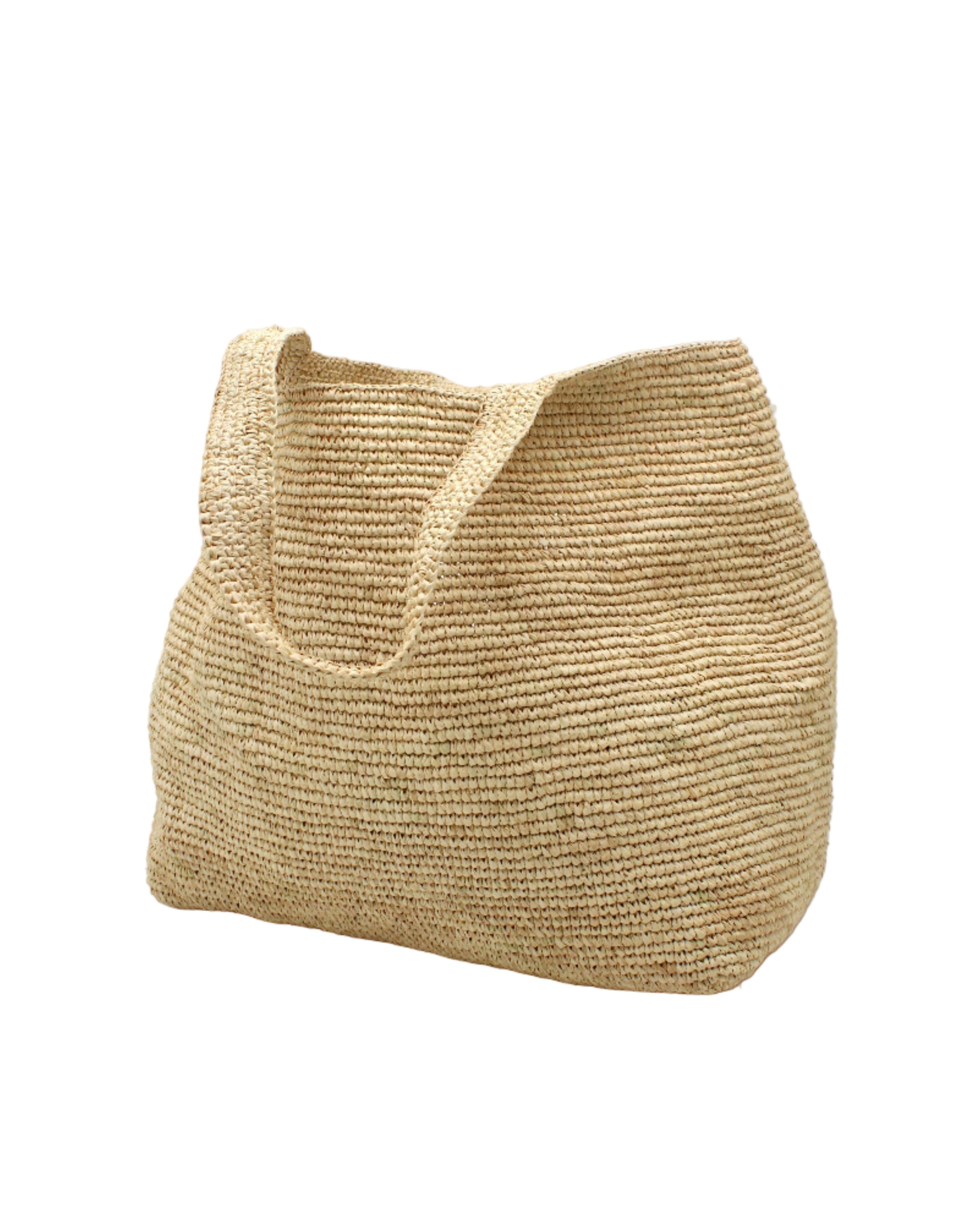 Side view Mamie XL Crochet Straw Basket Handbag handmade crochet natural raffia palm fiber in a solid hue of natural straw color purse beach bag - Shebobo