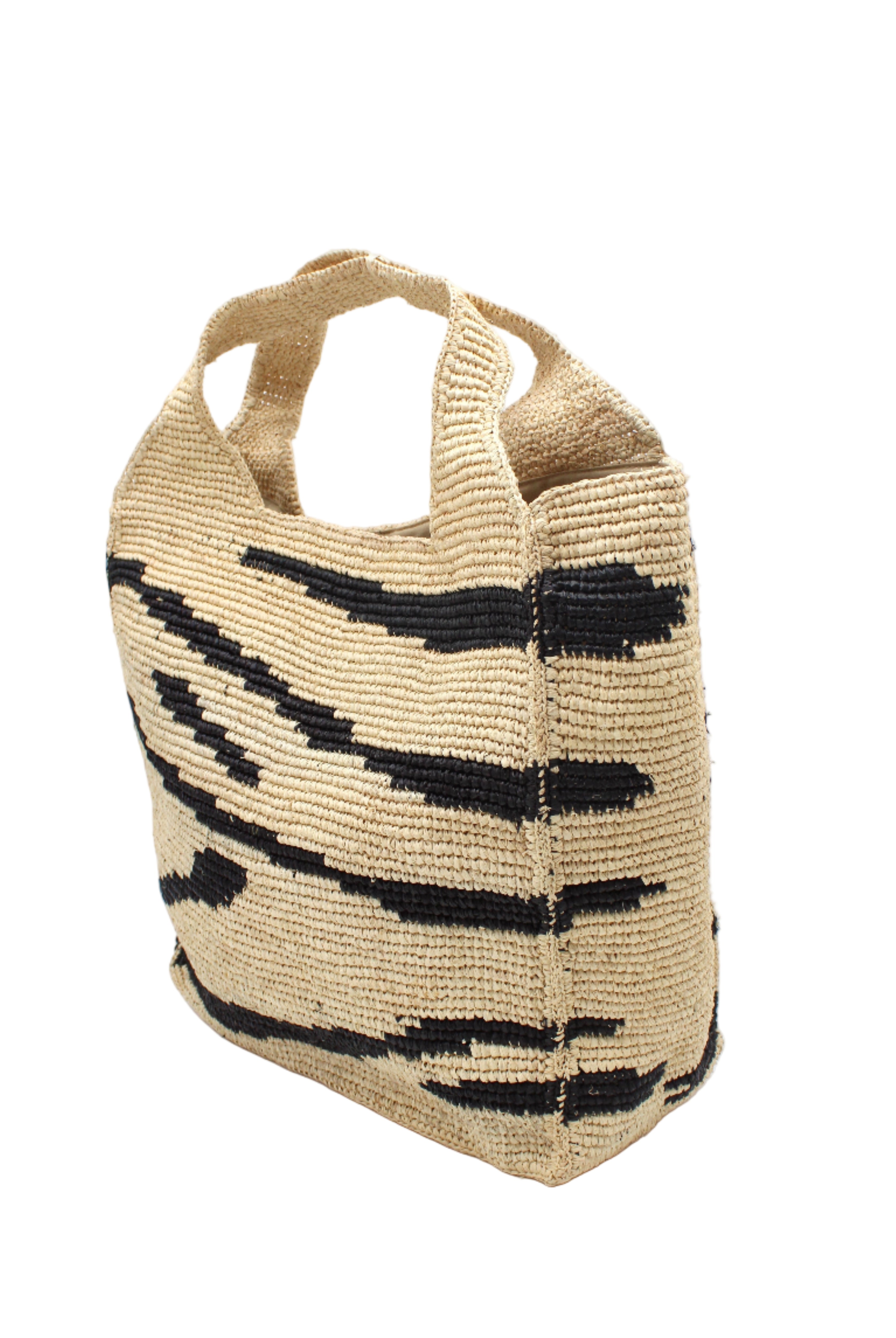 Side view Mamie XL Crochet Straw Basket Handbag handmade crochet natural raffia palm fiber in a two tone natural and black zebra stripe pattern purse beach bag - Shebobo