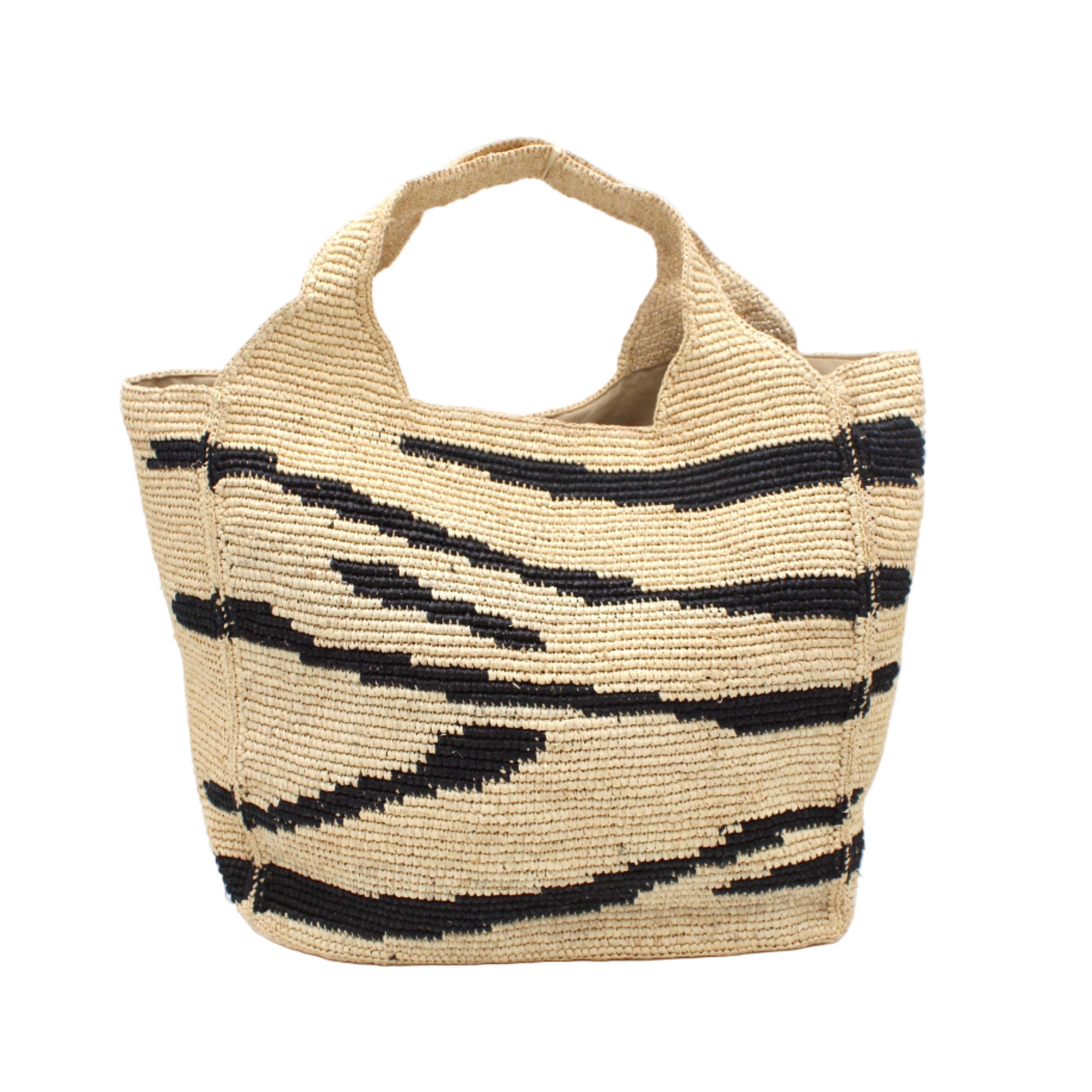 Mamie XL Crochet Straw Basket Handbag handmade crochet natural raffia palm fiber in a two tone natural and black zebra stripe pattern purse beach bag - Shebobo