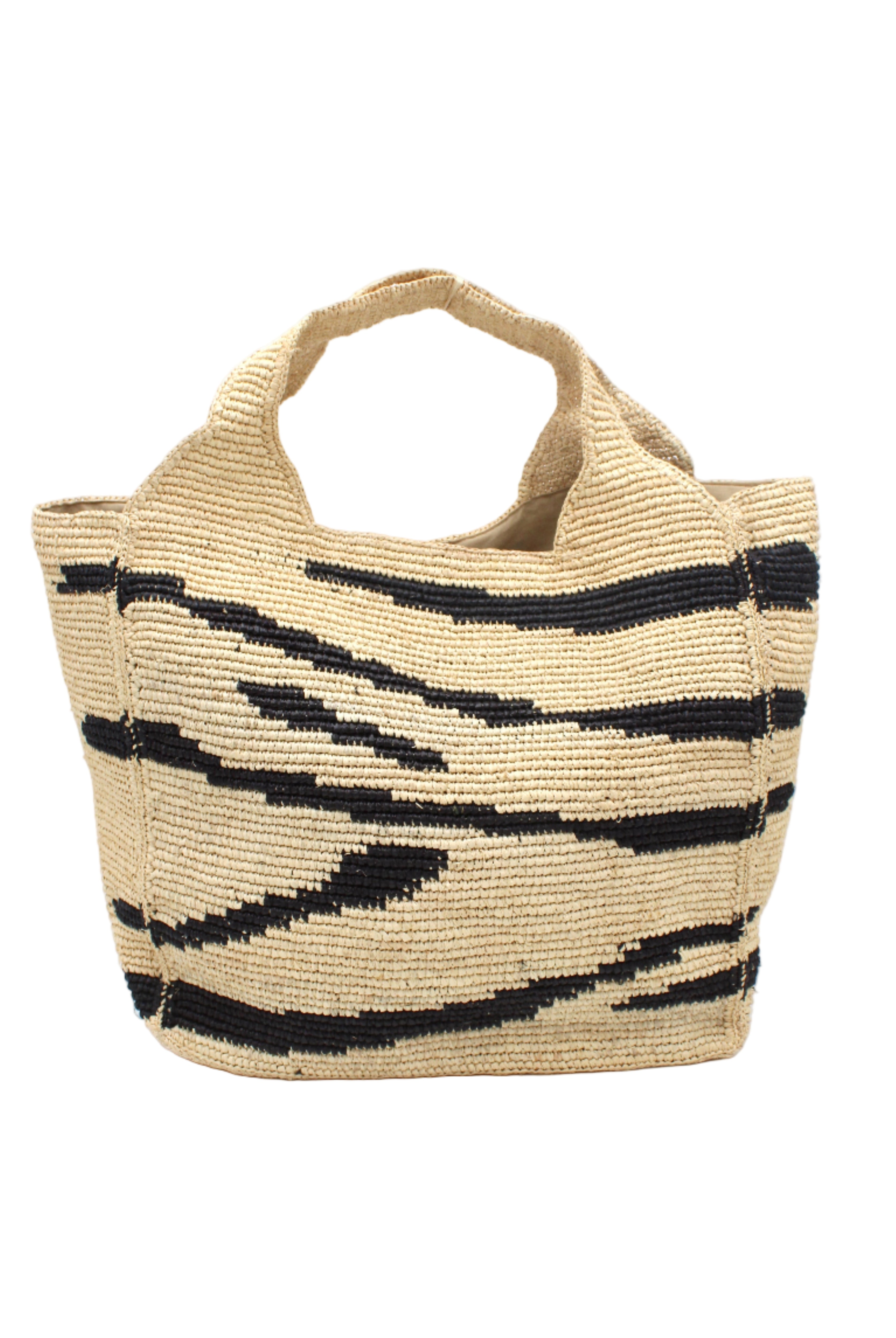 Mamie XL Crochet Straw Basket Handbag handmade crochet natural raffia palm fiber in a two tone natural and black zebra stripe pattern purse beach bag - Shebobo