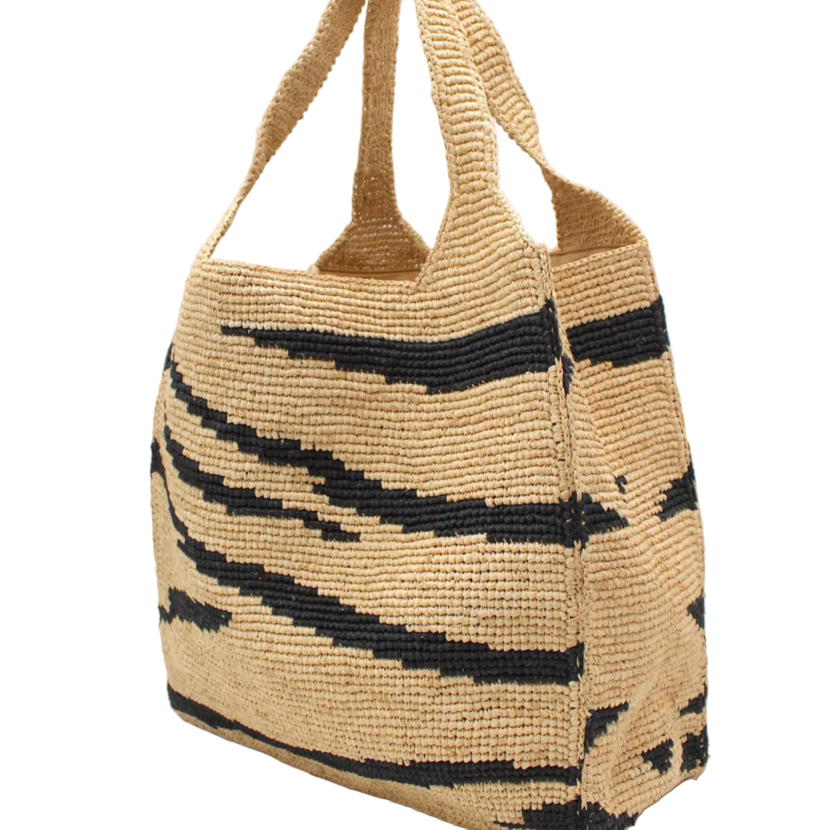 Side view Mamie XL Crochet Straw Basket Handbag handmade crochet natural raffia palm fiber in a two tone natural straw color and black zebra stripe pattern purse beach bag - Shebobo