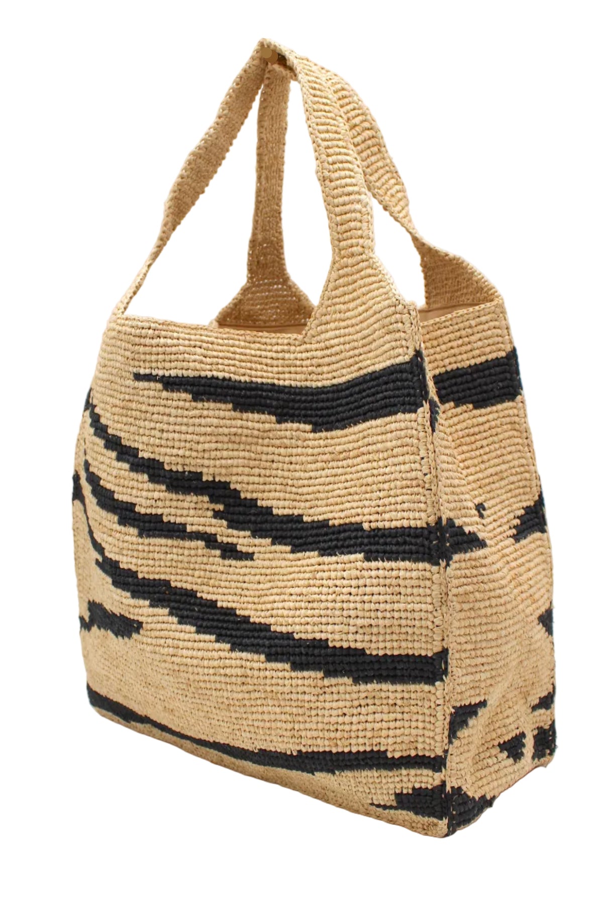 Side view Mamie XL Crochet Straw Basket Handbag handmade crochet natural raffia palm fiber in a two tone natural straw color and black zebra stripe pattern purse beach bag - Shebobo