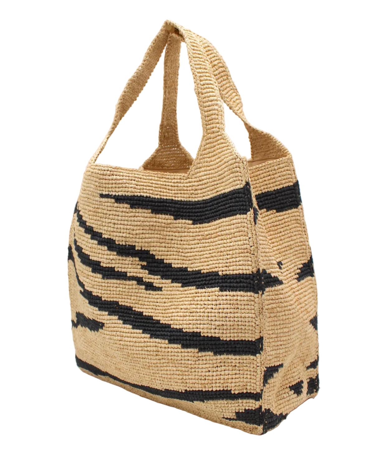Side view Mamie XL Crochet Straw Basket Handbag handmade crochet natural raffia palm fiber in a two tone natural straw color and black zebra stripe pattern purse beach bag - Shebobo