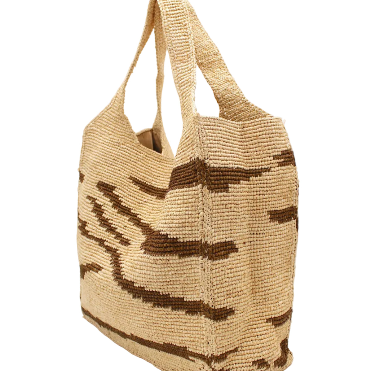 Side view Mamie XL Crochet Straw Basket Handbag handmade crochet natural raffia palm fiber in a two tone natural straw color and tobacco dark/cinnamon/brown zebra stripe pattern purse beach bag - Shebobo