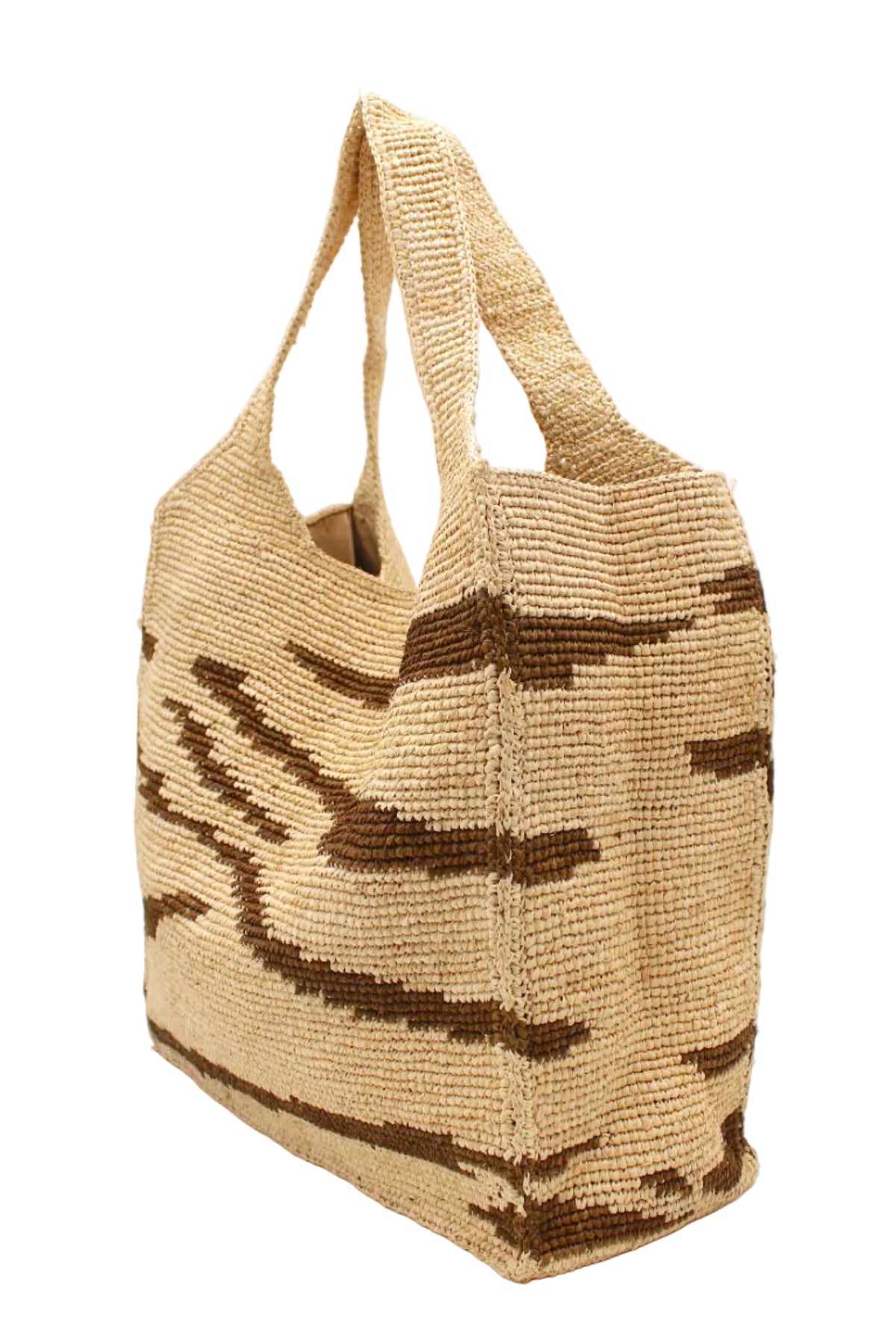 Side view Mamie XL Crochet Straw Basket Handbag handmade crochet natural raffia palm fiber in a two tone natural straw color and tobacco dark/cinnamon/brown zebra stripe pattern purse beach bag - Shebobo