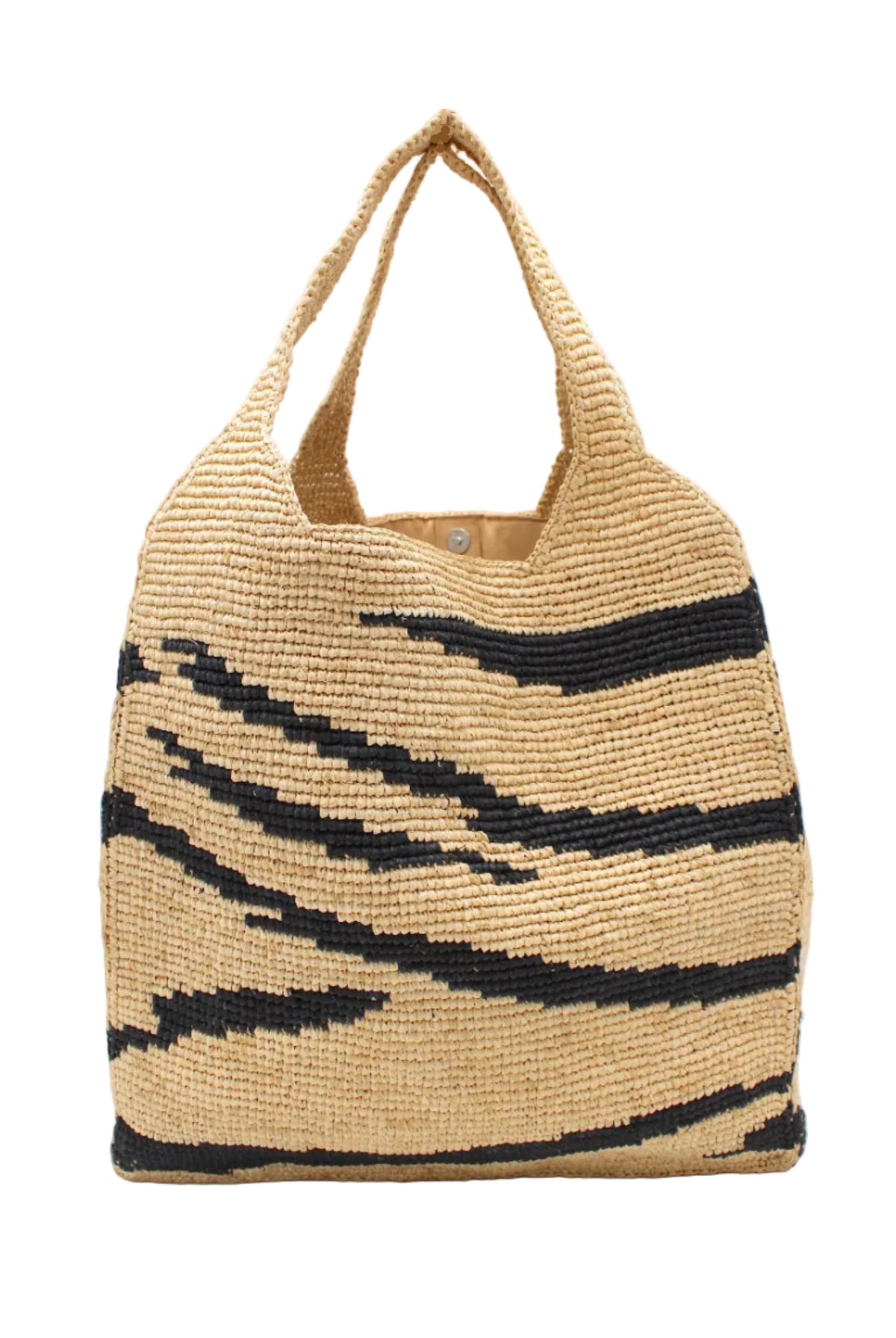 Mamie XL Crochet Straw Basket Handbag handmade crochet natural raffia palm fiber in a two tone natural straw color and black zebra stripe pattern purse beach bag - Shebobo