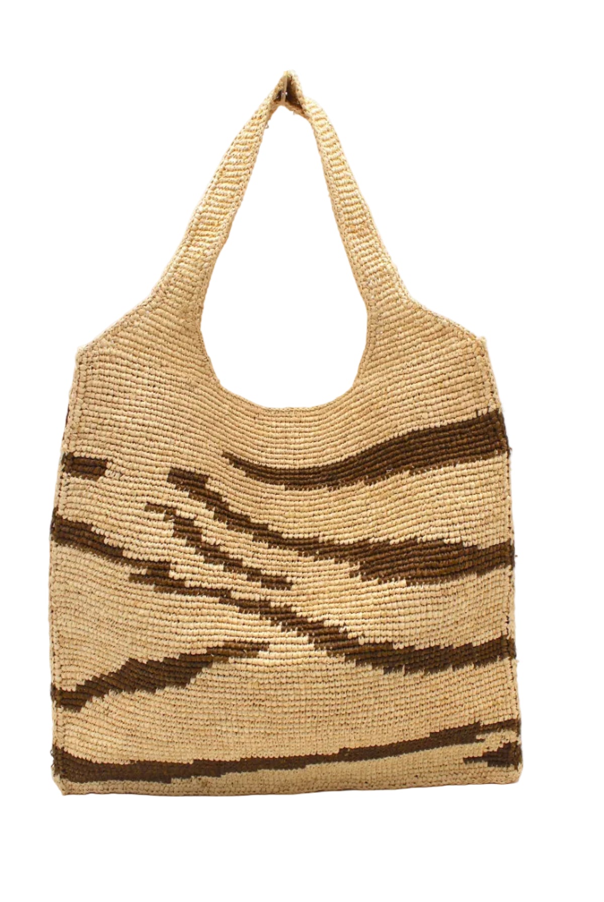 Mamie XL Crochet Straw Basket Handbag handmade crochet natural raffia palm fiber in a two tone natural and tobacco dark/cinnamon/brown zebra stripe pattern purse beach bag - Shebobo