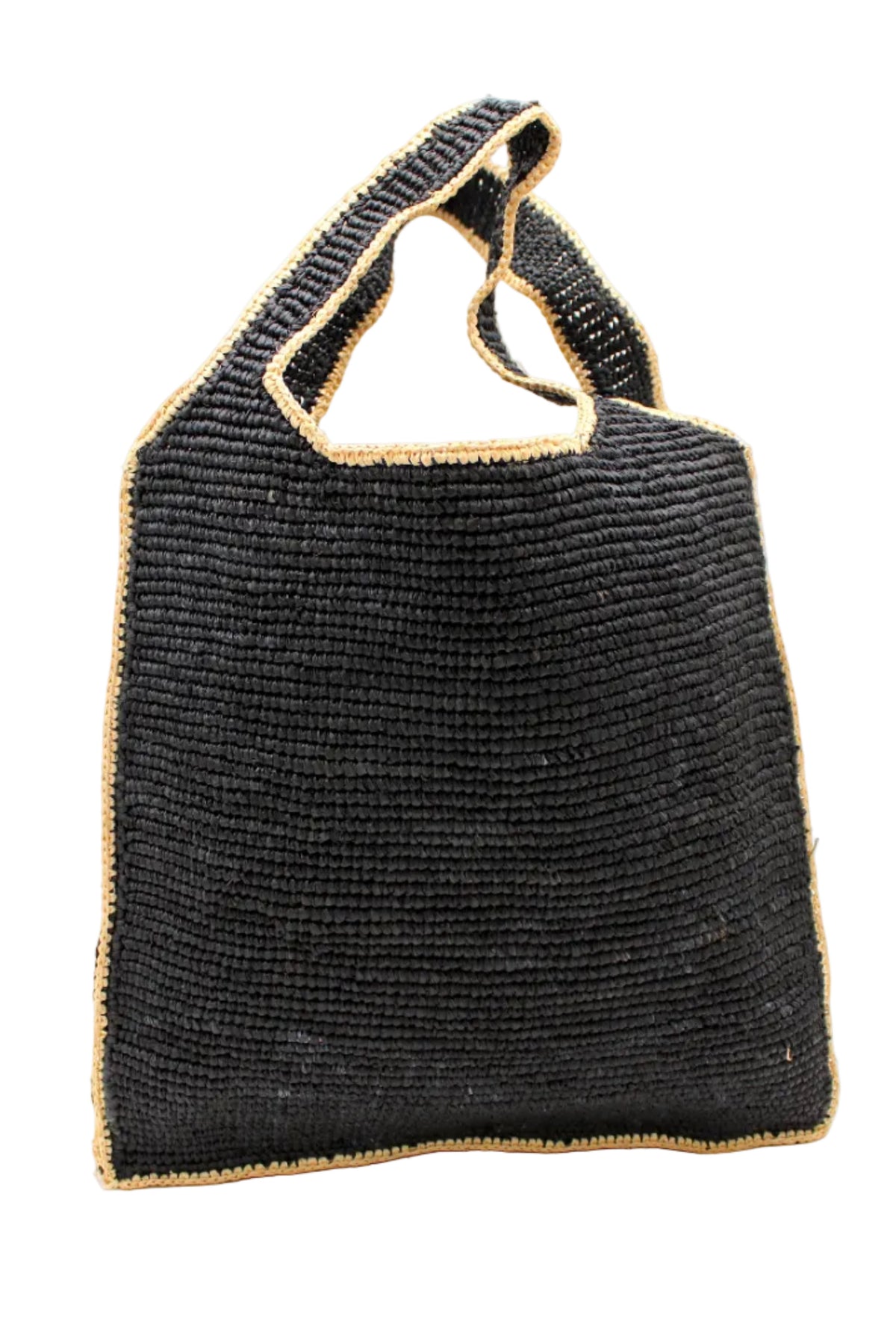 Mamie Zigzag Pinstripe XL Crochet Straw Basket Handbag handmade crochet natural raffia palm fiber in a solid hue of black purse beach bag with contrasting natural straw color zigzag pinstripe pattern on the sides of the bag and matching outer edge - Shebobo