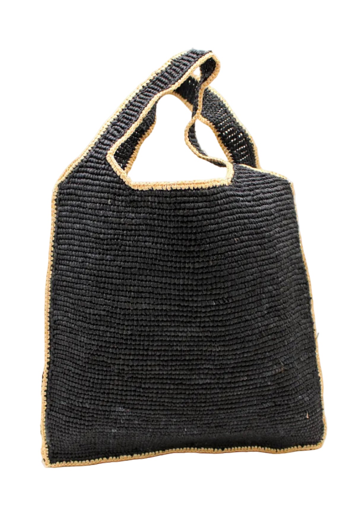 Mamie Zigzag Pinstripe XL Crochet Straw Basket Handbag handmade crochet natural raffia palm fiber in a solid hue of black purse beach bag with contrasting natural straw color zigzag pinstripe pattern on the sides of the bag and matching outer edge - Shebobo