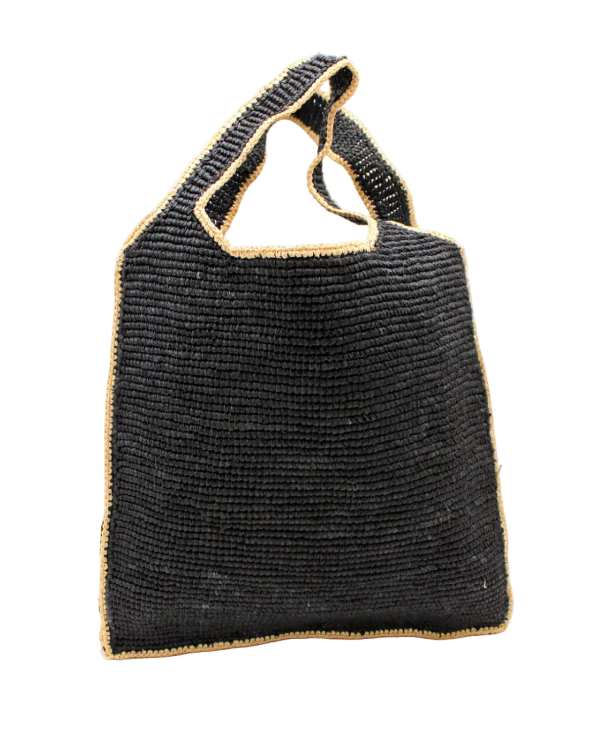 Mamie Zigzag Pinstripe XL Crochet Straw Basket Handbag handmade crochet natural raffia palm fiber in a solid hue of black purse beach bag with contrasting natural straw color zigzag pinstripe pattern on the sides of the bag and matching outer edge - Shebobo