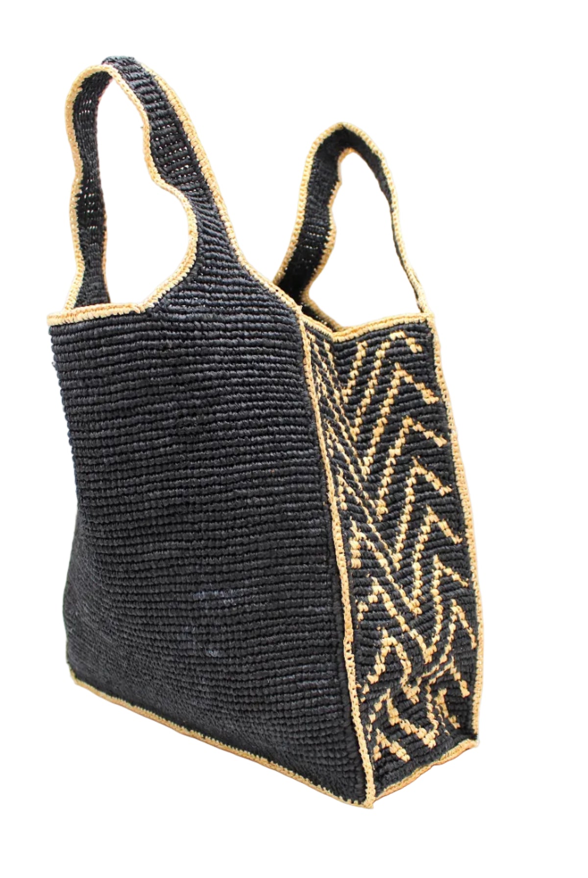 Side view Mamie Zigzag Pinstripe XL Crochet Straw Basket Handbag handmade crochet natural raffia palm fiber in a solid hue of black purse beach bag with contrasting natural straw color zigzag pinstripe pattern on the sides of the bag and matching outer edge - Shebobo