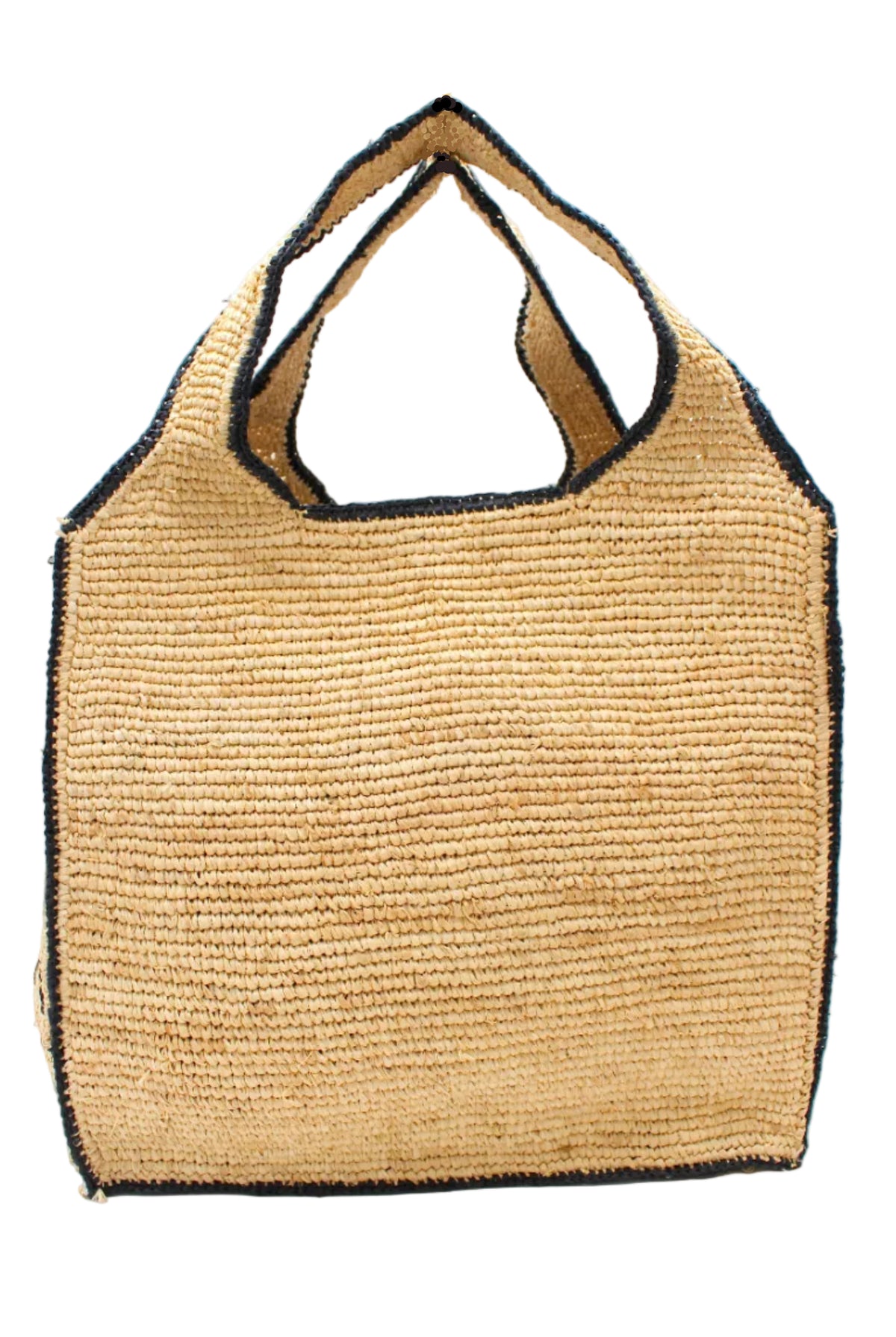 Mamie Zigzag Pinstripe XL Crochet Straw Basket Handbag handmade crochet natural raffia palm fiber in a solid hue of natural straw color purse beach bag with contrasting black zigzag pinstripe pattern on the sides of the bag and matching outer edge - Shebobo