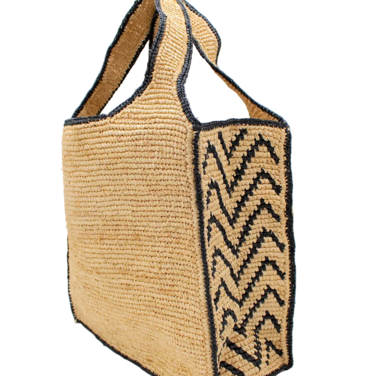 Side view Mamie Zigzag Pinstripe XL Crochet Straw Basket Handbag handmade crochet natural raffia palm fiber in a solid hue of natural straw color purse beach bag with contrasting black zigzag pinstripe pattern on the sides of the bag and matching outer edge - Shebobo