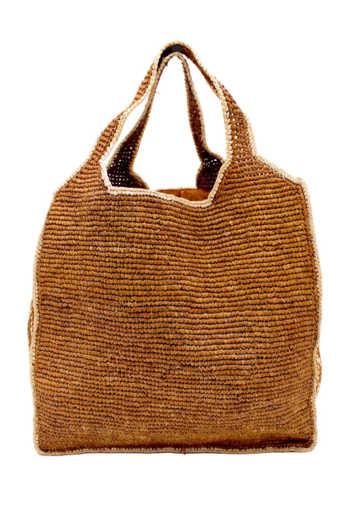 Mamie Zigzag Pinstripe XL Crochet Straw Basket Handbag handmade crochet natural raffia palm fiber in a solid hue of tobacco dark/cinnamon/brown purse beach bag with contrasting natural straw color zigzag pinstripe pattern on the sides of the bag and matching outer edge - Shebobo