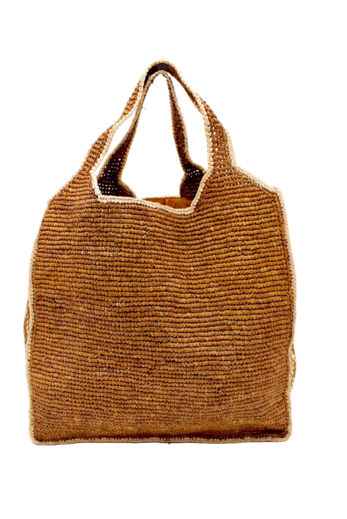 Mamie Zigzag Pinstripe XL Crochet Straw Basket Handbag handmade crochet natural raffia palm fiber in a solid hue of tobacco dark/cinnamon/brown purse beach bag with contrasting natural straw color zigzag pinstripe pattern on the sides of the bag and matching outer edge - Shebobo