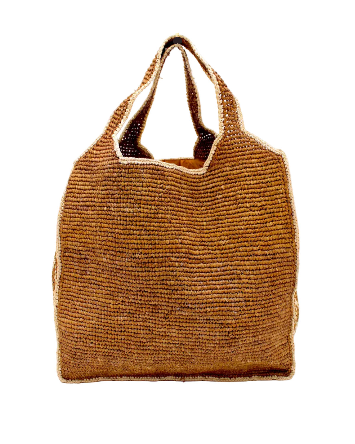 Mamie Zigzag Pinstripe XL Crochet Straw Basket Handbag handmade crochet natural raffia palm fiber in a solid hue of tobacco dark/cinnamon/brown purse beach bag with contrasting natural straw color zigzag pinstripe pattern on the sides of the bag and matching outer edge - Shebobo