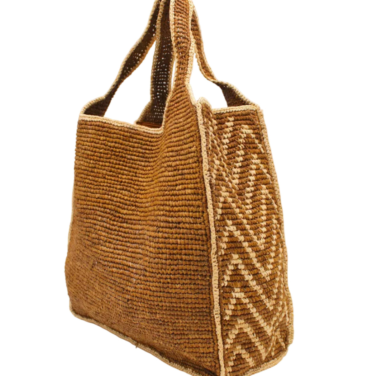 Side view Mamie Zigzag Pinstripe XL Crochet Straw Basket Handbag handmade crochet natural raffia palm fiber in a solid hue of tobacco dark/cinnamon/brown purse beach bag with contrasting natural straw color zigzag pinstripe pattern on the sides of the bag and matching outer edge - Shebobo