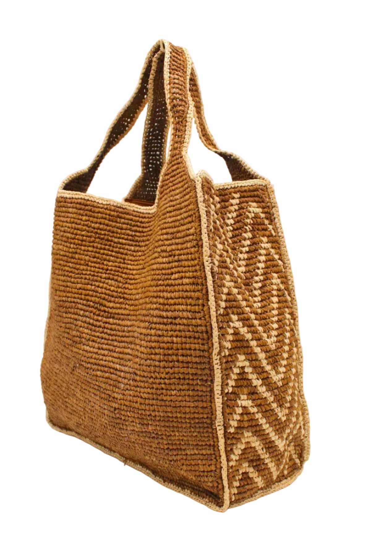 Side view Mamie Zigzag Pinstripe XL Crochet Straw Basket Handbag handmade crochet natural raffia palm fiber in a solid hue of tobacco dark/cinnamon/brown purse beach bag with contrasting natural straw color zigzag pinstripe pattern on the sides of the bag and matching outer edge - Shebobo