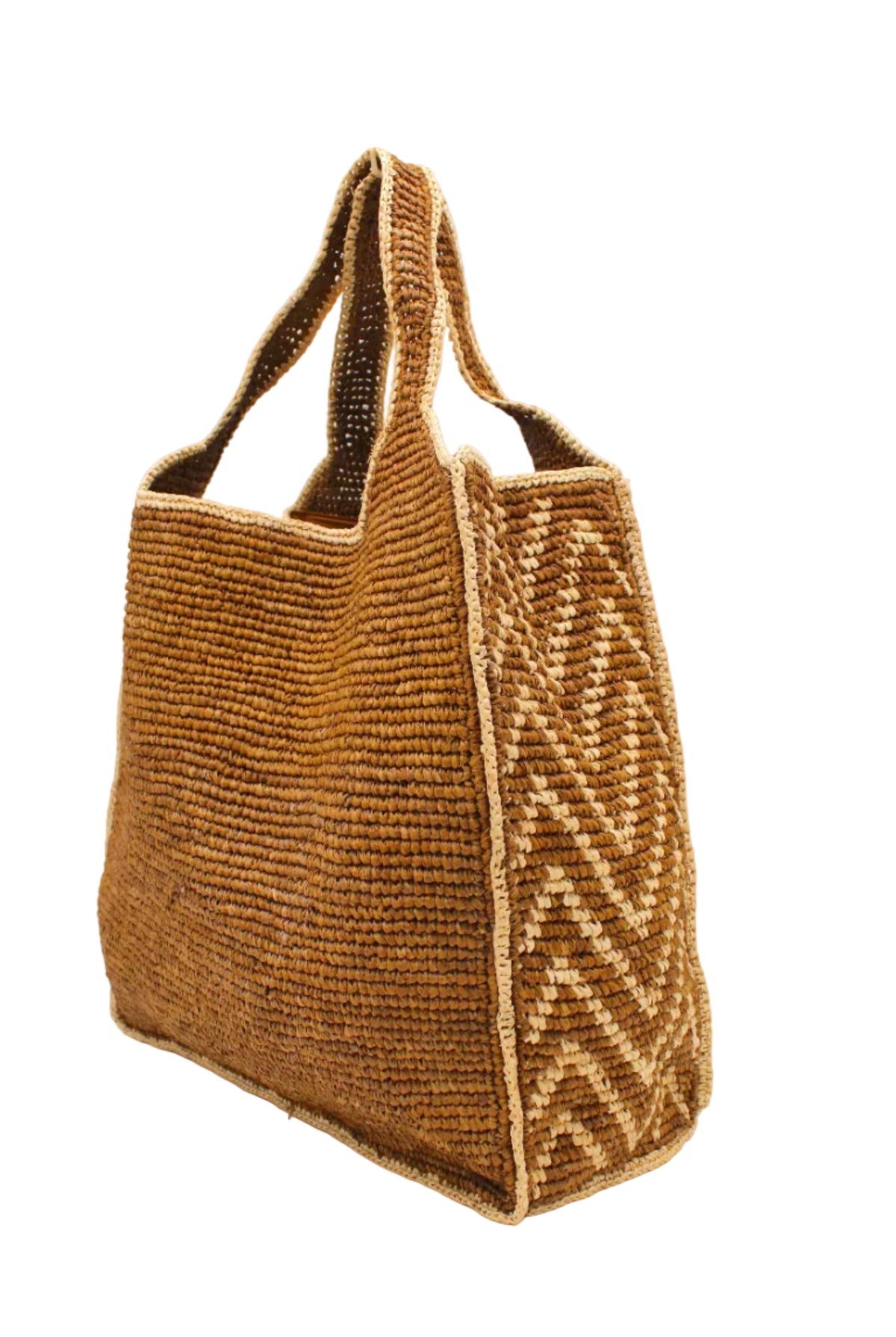 Side view Mamie Zigzag Pinstripe XL Crochet Straw Basket Handbag handmade crochet natural raffia palm fiber in a solid hue of tobacco dark/cinnamon/brown purse beach bag with contrasting natural straw color zigzag pinstripe pattern on the sides of the bag and matching outer edge - Shebobo