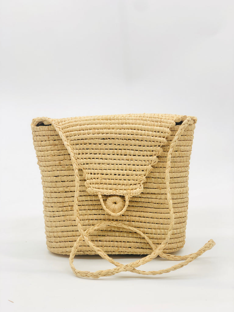 Manteca Crochet Natural Cross Body Bag handmade woven raffia palm fiber in horizontal bands with button/loop closure and braided strap purse - Shebobo