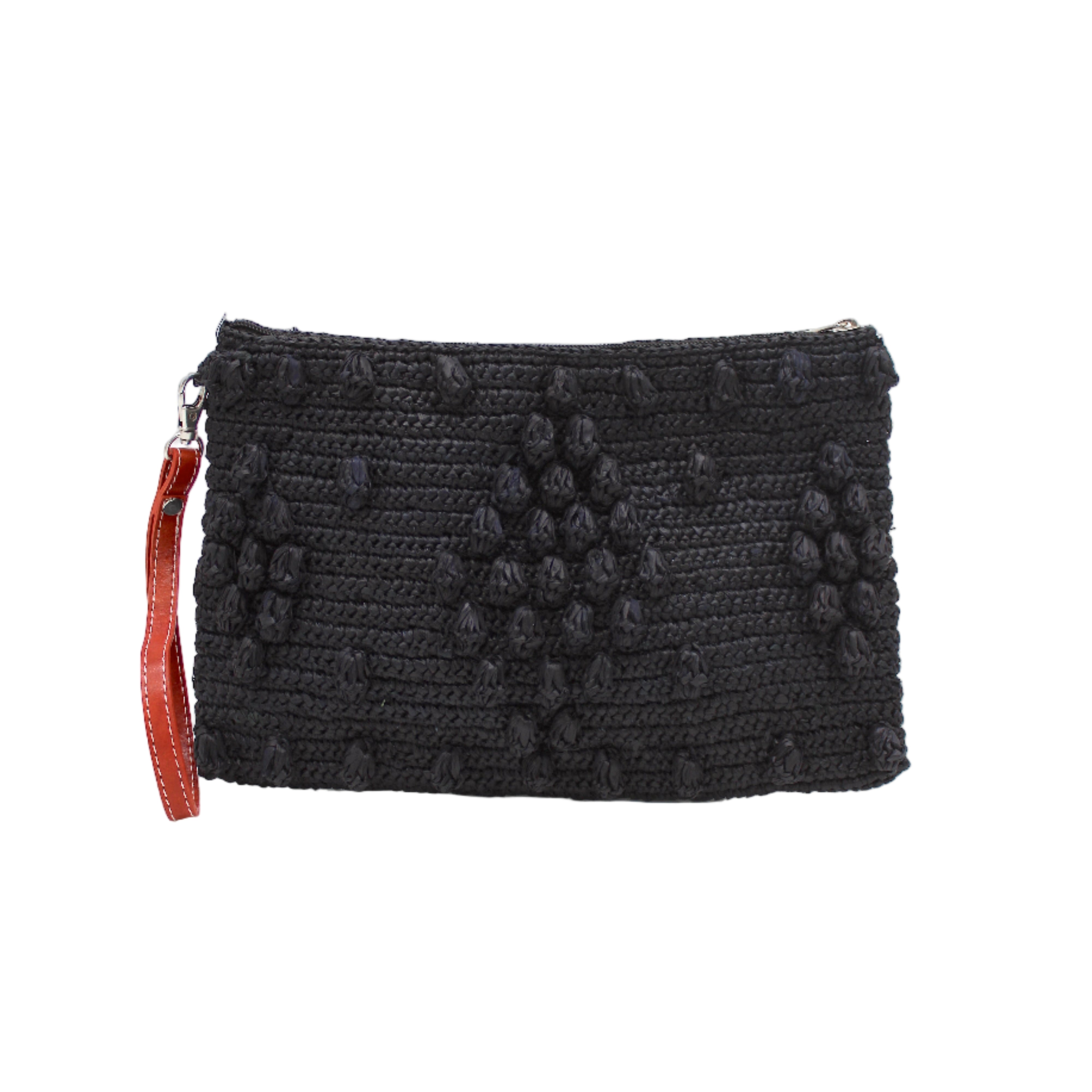 Marbella Crochet Straw Oversized Pouch Clutch Purse with Detachable Wristlet Strap handmade crochet natural raffia palm fiber in a solid hue of Black with subtle diamond boucle nub pattern protruding from horizontal bands of link texture small bag - Shebobo