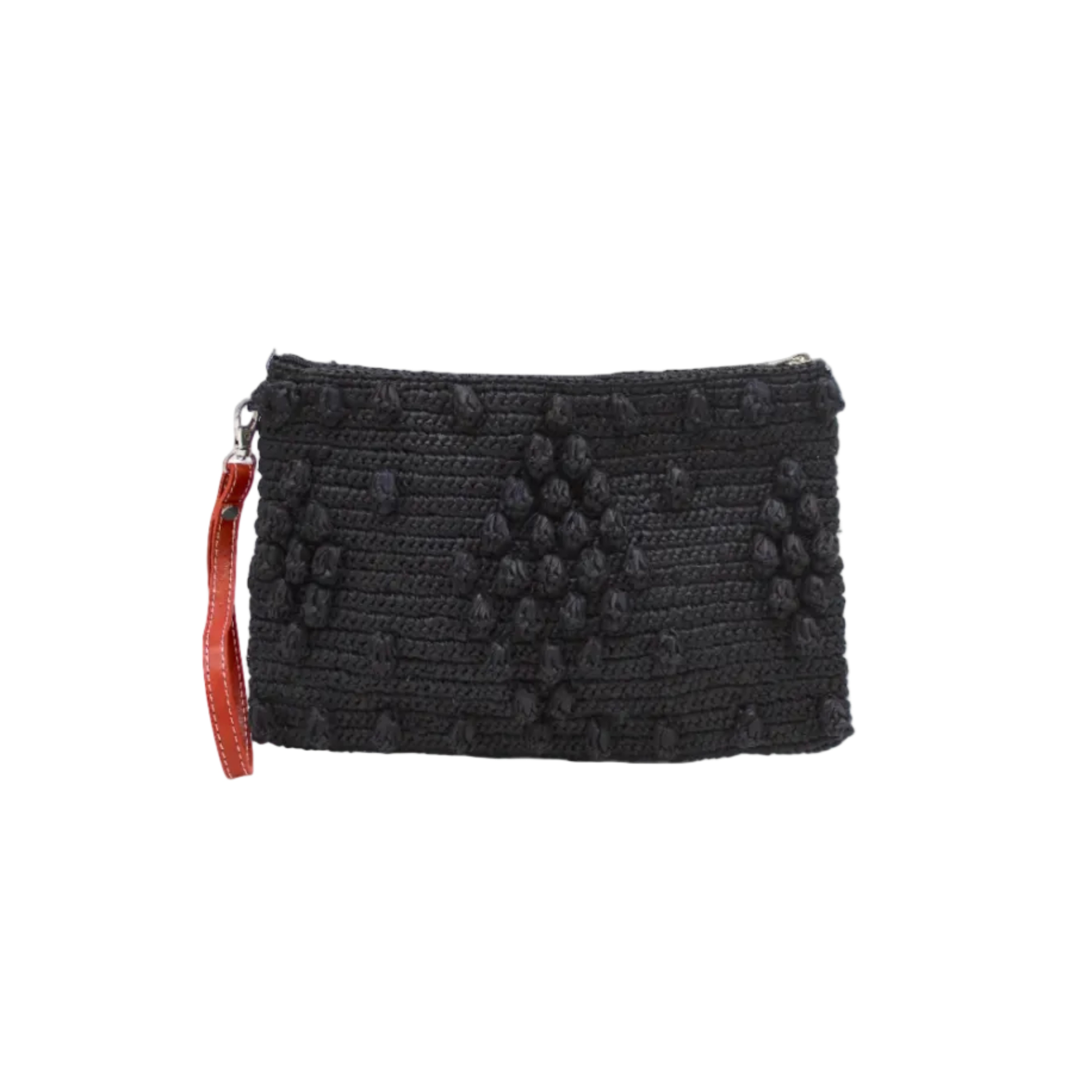 Marbella Crochet Straw Oversized Pouch Clutch Purse with Detachable Wristlet Strap handmade crochet natural raffia palm fiber in a solid hue of Black with subtle diamond boucle nub pattern protruding from horizontal bands of link texture small bag - Shebobo