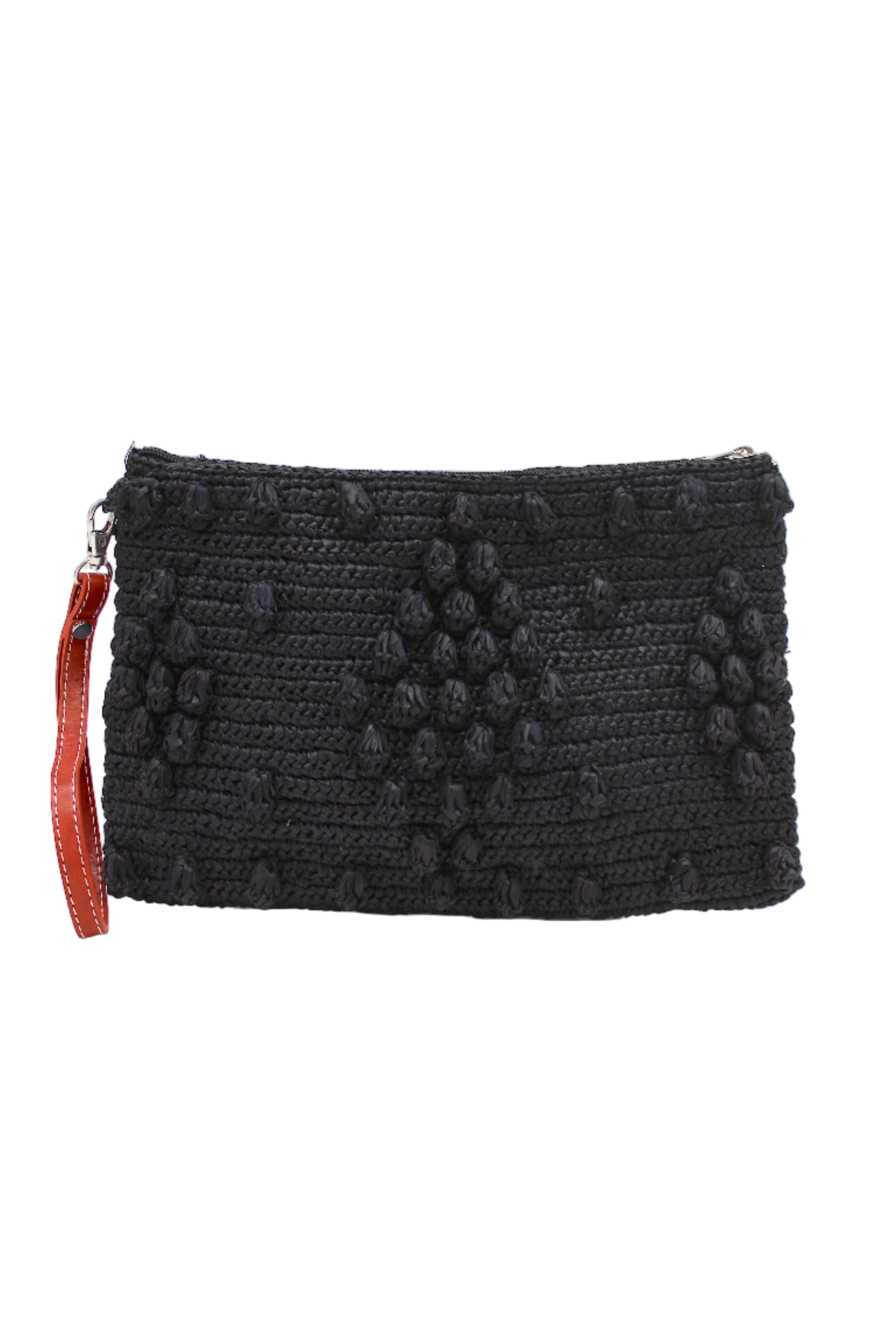 Marbella Crochet Straw Oversized Pouch Clutch Purse with Detachable Wristlet Strap handmade crochet natural raffia palm fiber in a solid hue of Black with subtle diamond boucle nub pattern protruding from horizontal bands of link texture small bag - Shebobo