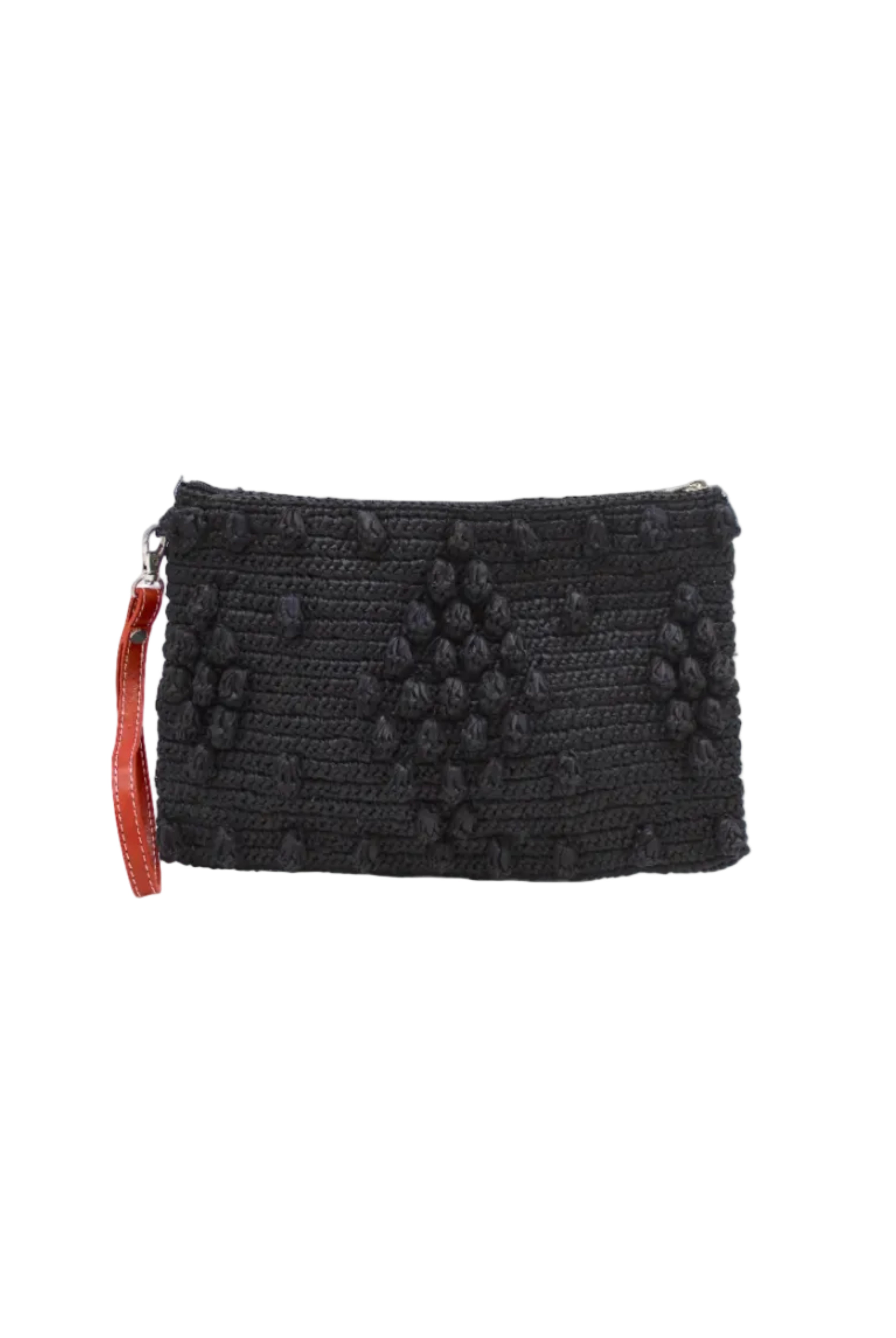 Marbella Crochet Straw Oversized Pouch Clutch Purse with Detachable Wristlet Strap handmade crochet natural raffia palm fiber in a solid hue of Black with subtle diamond boucle nub pattern protruding from horizontal bands of link texture small bag - Shebobo