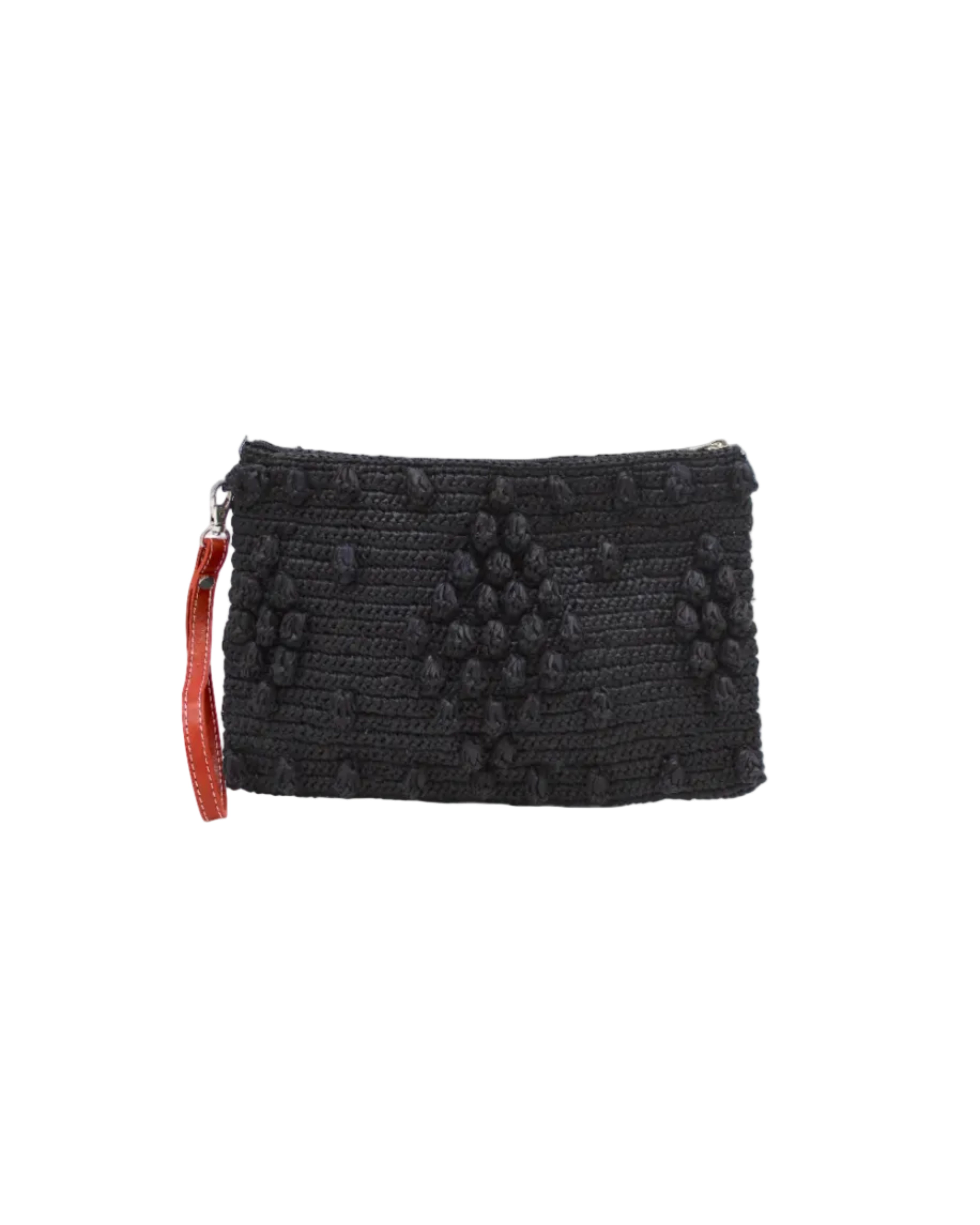 Marbella Crochet Straw Oversized Pouch Clutch Purse with Detachable Wristlet Strap handmade crochet natural raffia palm fiber in a solid hue of Black with subtle diamond boucle nub pattern protruding from horizontal bands of link texture small bag - Shebobo
