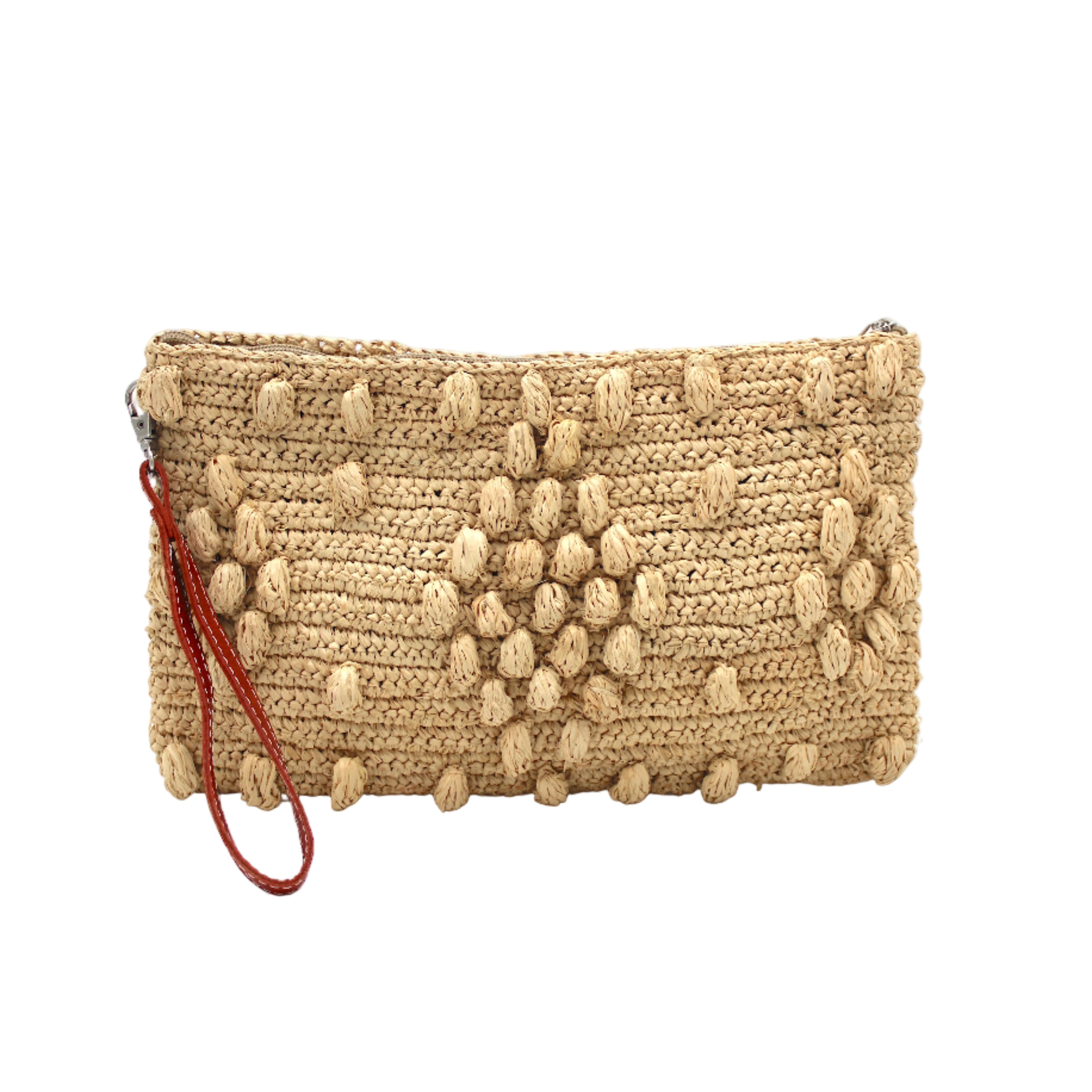 Marbella Crochet Straw Oversized Pouch Clutch Purse with Detachable Wristlet Strap handmade crochet natural raffia palm fiber in a solid hue of Natural straw color with subtle diamond boucle nub pattern protruding from horizontal bands of link texture small bag - Shebobo