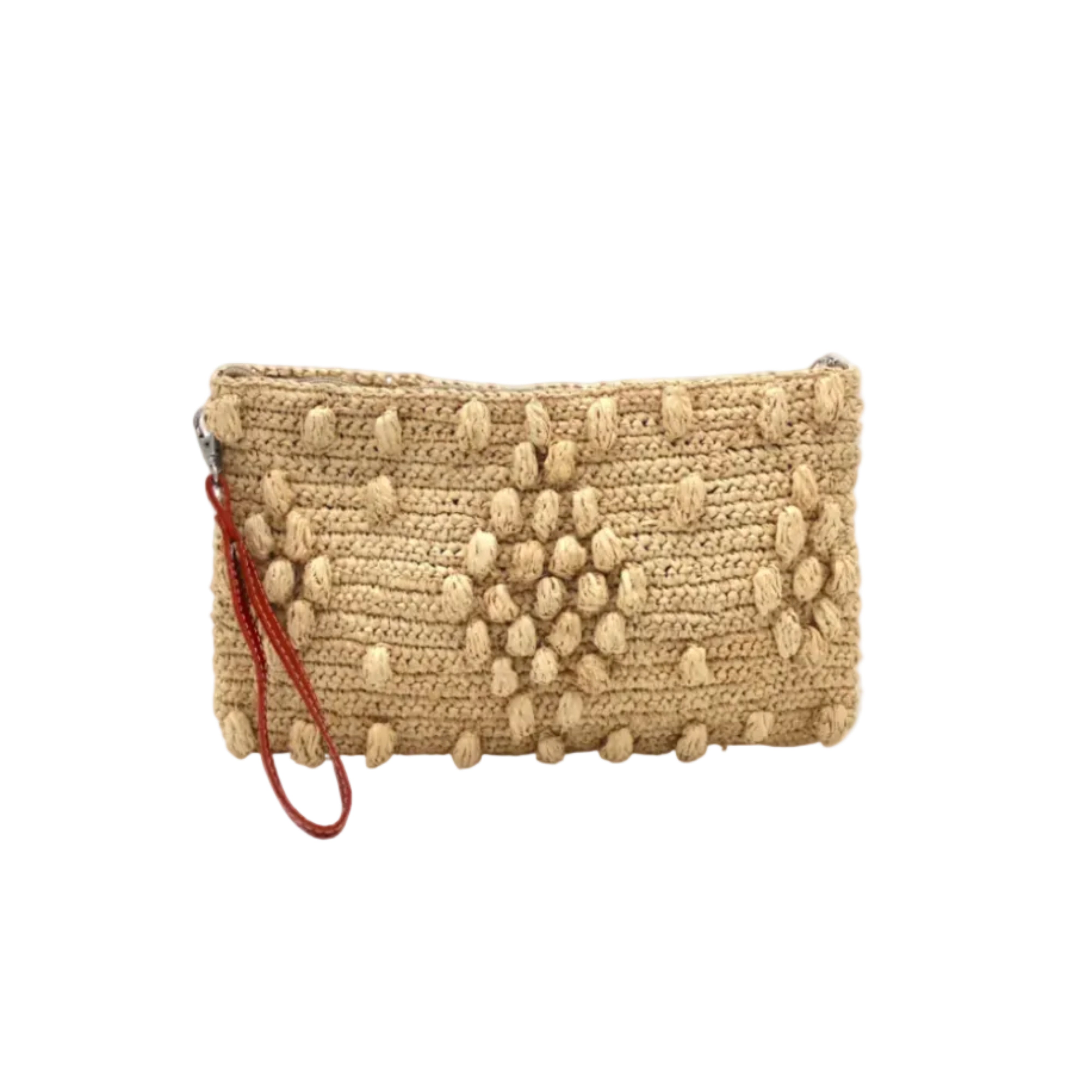 Marbella Crochet Straw Oversized Pouch Clutch Purse with Detachable Wristlet Strap handmade crochet natural raffia palm fiber in a solid hue of Natural straw color with subtle diamond boucle nub pattern protruding from horizontal bands of link texture small bag - Shebobo