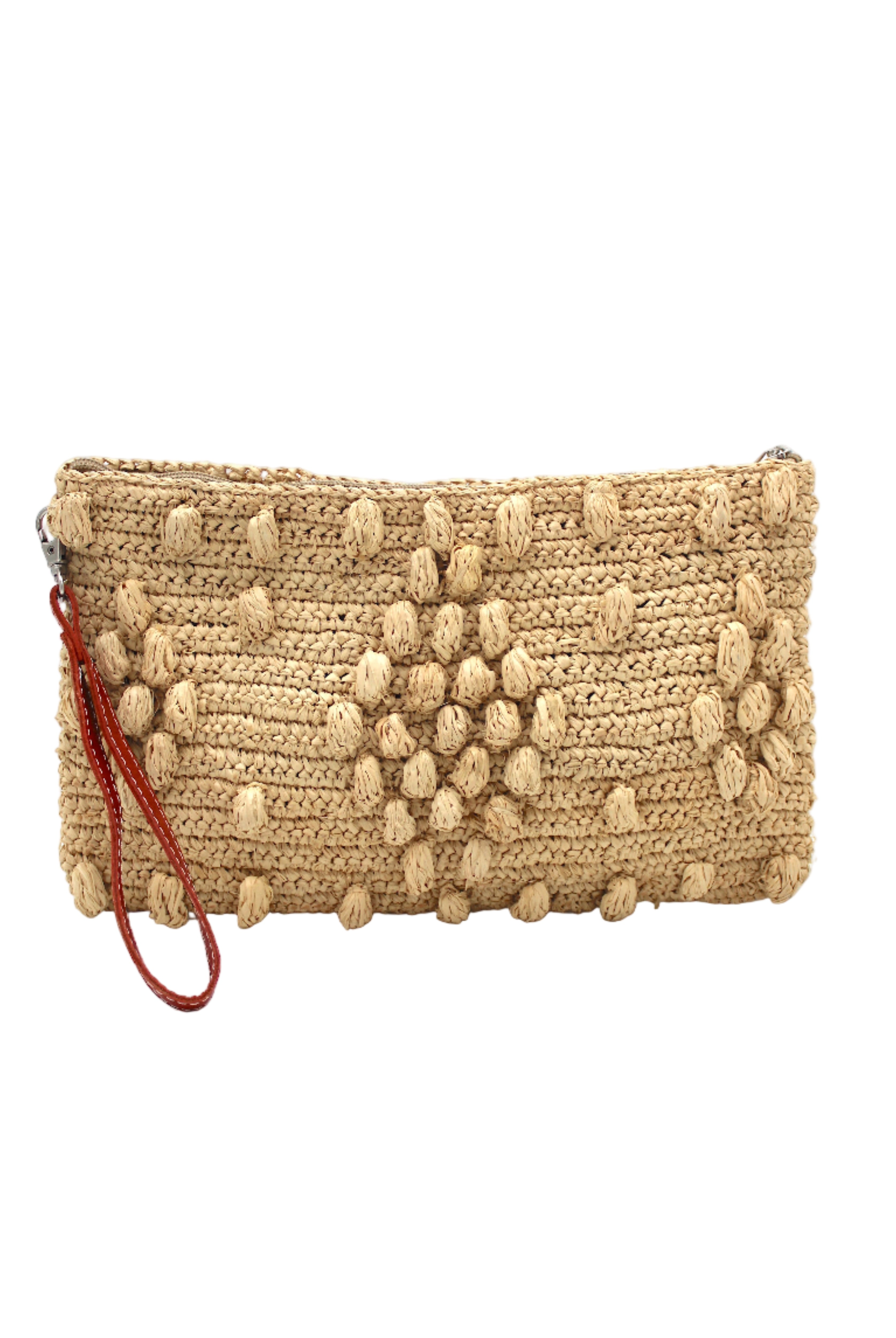 Marbella Crochet Straw Oversized Pouch Clutch Purse with Detachable Wristlet Strap handmade crochet natural raffia palm fiber in a solid hue of Natural straw color with subtle diamond boucle nub pattern protruding from horizontal bands of link texture small bag - Shebobo
