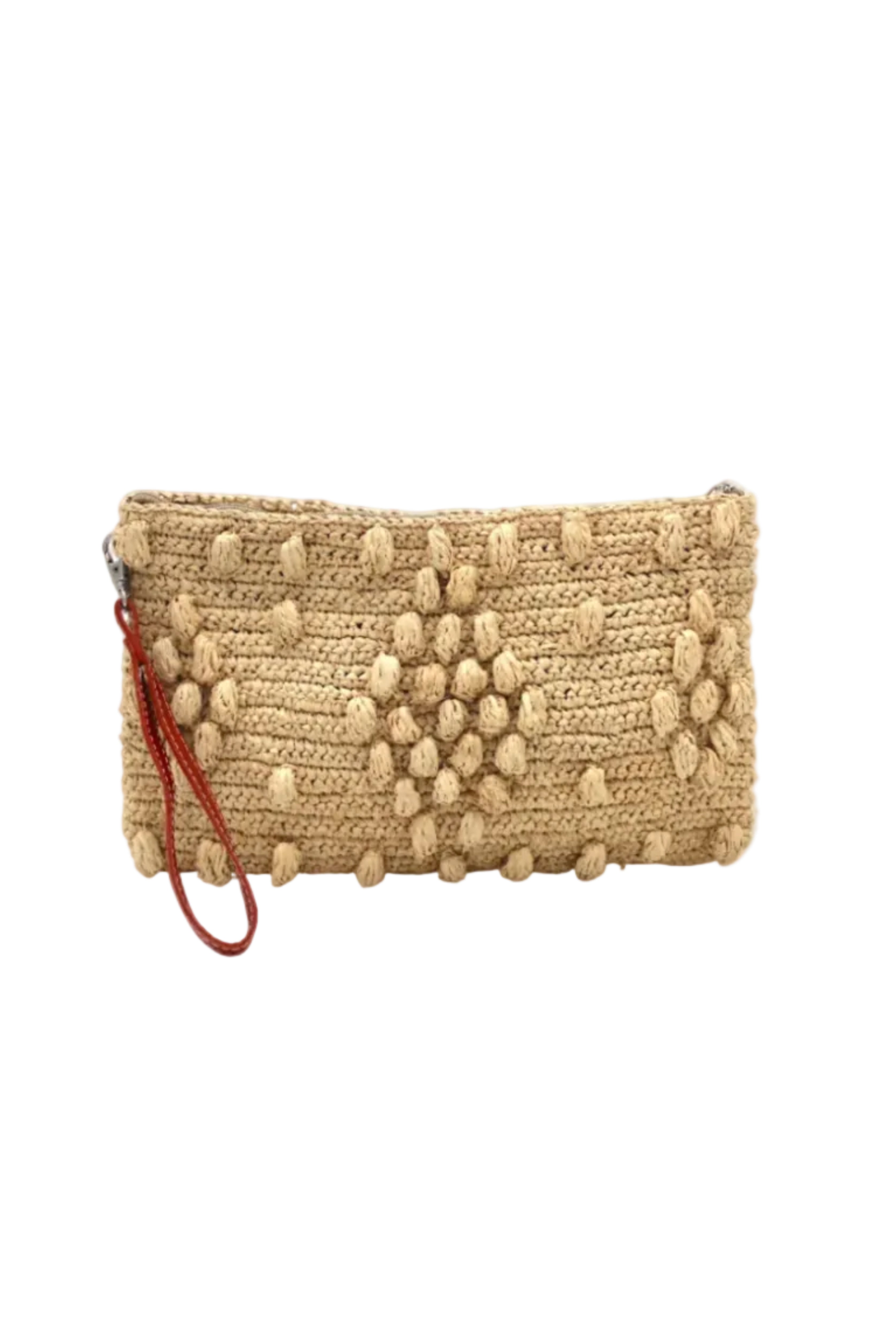 Marbella Crochet Straw Oversized Pouch Clutch Purse with Detachable Wristlet Strap handmade crochet natural raffia palm fiber in a solid hue of Natural straw color with subtle diamond boucle nub pattern protruding from horizontal bands of link texture small bag - Shebobo