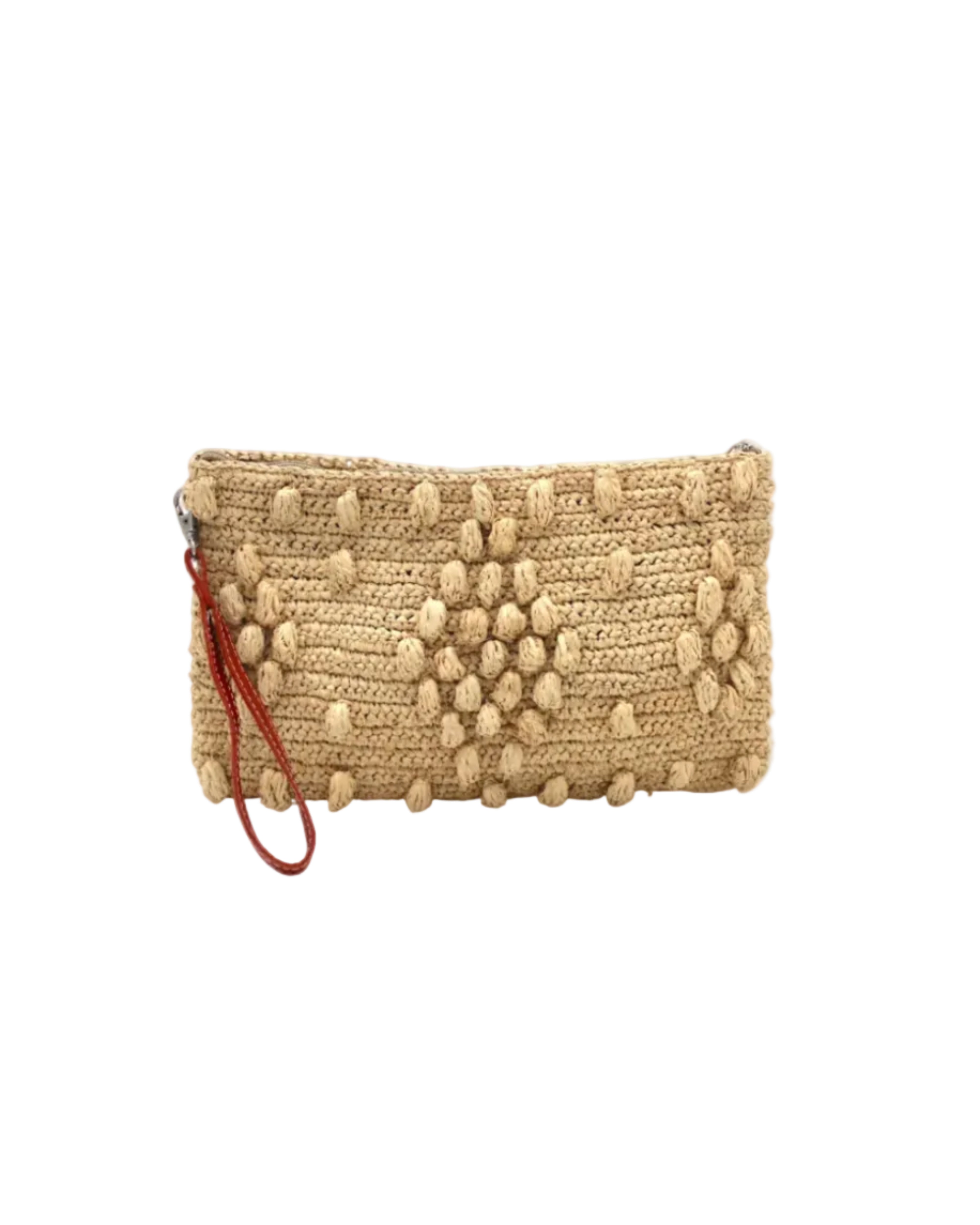 Marbella Crochet Straw Oversized Pouch Clutch Purse with Detachable Wristlet Strap handmade crochet natural raffia palm fiber in a solid hue of Natural straw color with subtle diamond boucle nub pattern protruding from horizontal bands of link texture small bag - Shebobo
