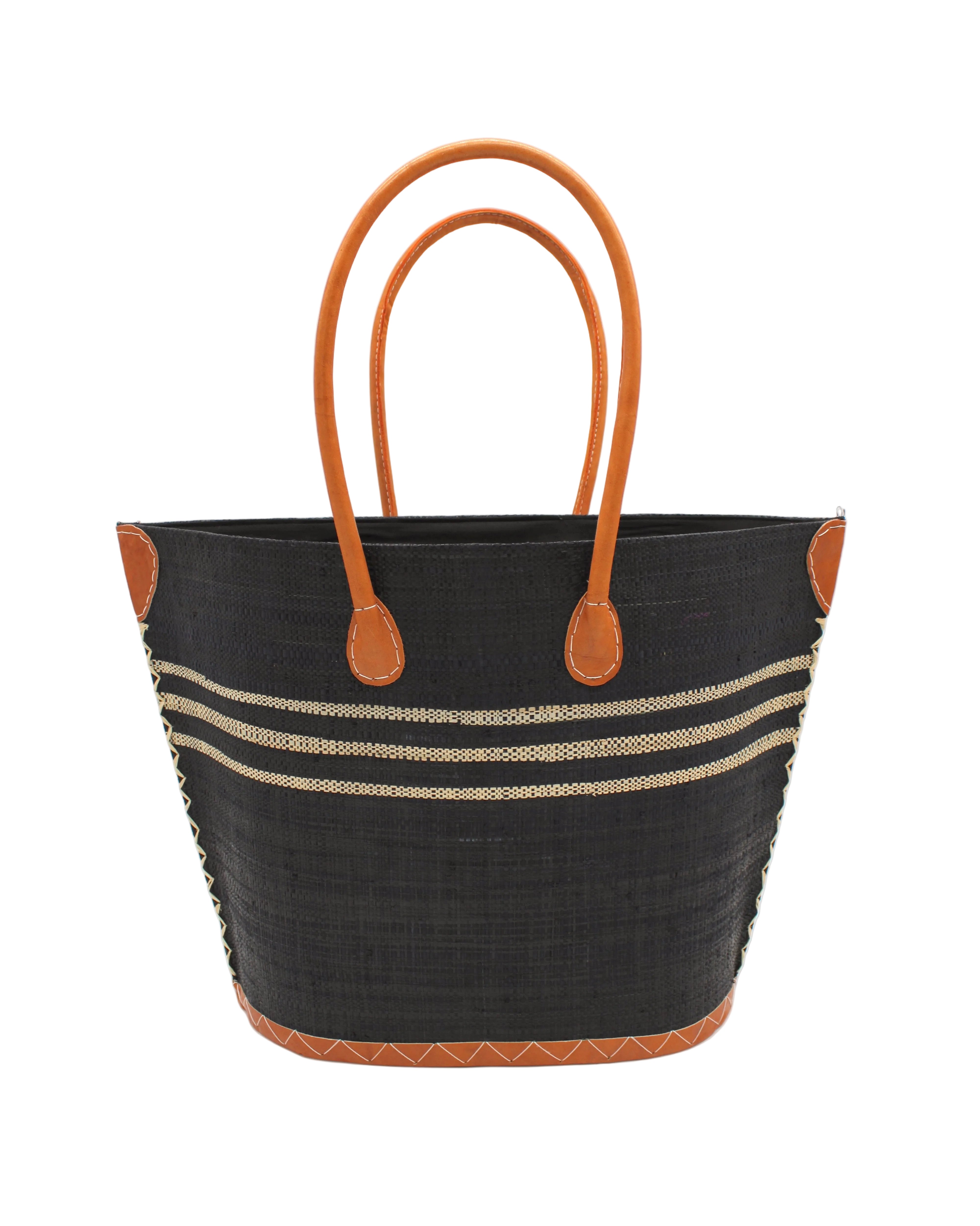 Marina Racing Stripe Small Straw Tote Bag handmade loomed natural raffia palm fiber in a solid hue of black with three horizontal bands of natural straw color making a pinstripe pattern across the top third of the bag with matching cross-stitch edging, leather handles and accents beach bag handbag - Shebobo