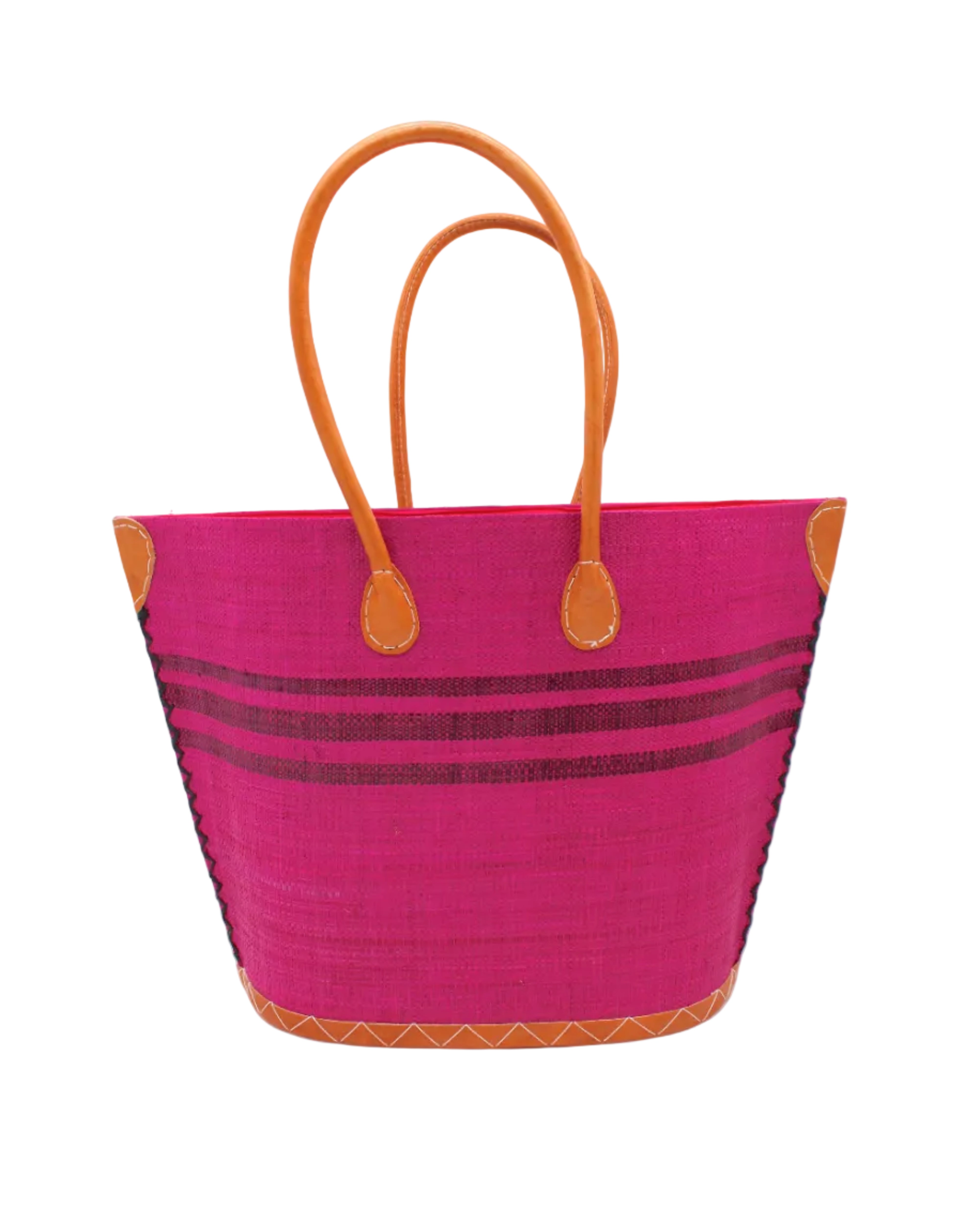 Marina Racing Stripe Small Straw Tote Bag handmade loomed natural raffia palm fiber in a solid hue of Fuchsia hot/bright/barbie/pink with three horizontal bands of umberwine burgundy/dark/red/purple making a pinstripe pattern across the top third of the bag with matching cross-stitch edging, leather handles and accents beach bag handbag - Shebobo