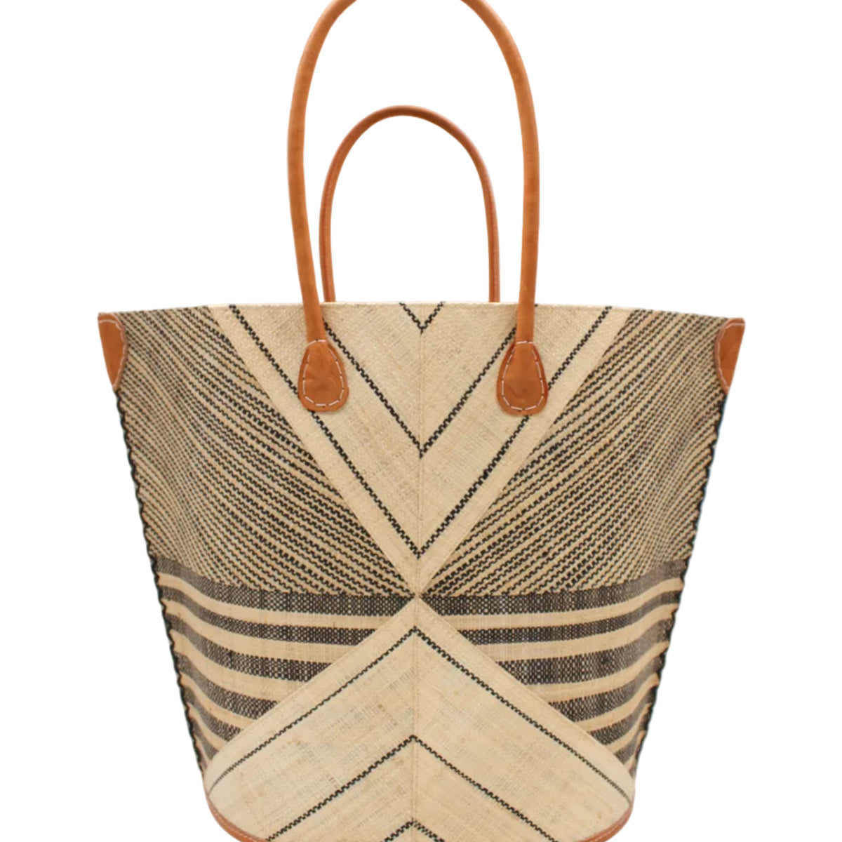 Mariposa Large Straw Tote Bag handmade loomed natural raffia palm fiber in a multi paneled pattern design of pinstripe, melange, and wide stripe combinations geometrically radiating from the center point of the bag outwards in a two tone color combination of Natural straw color and black with a solid hue of color on the back of the bag plus leather handles and embellishments shoulder bag - Shebobo