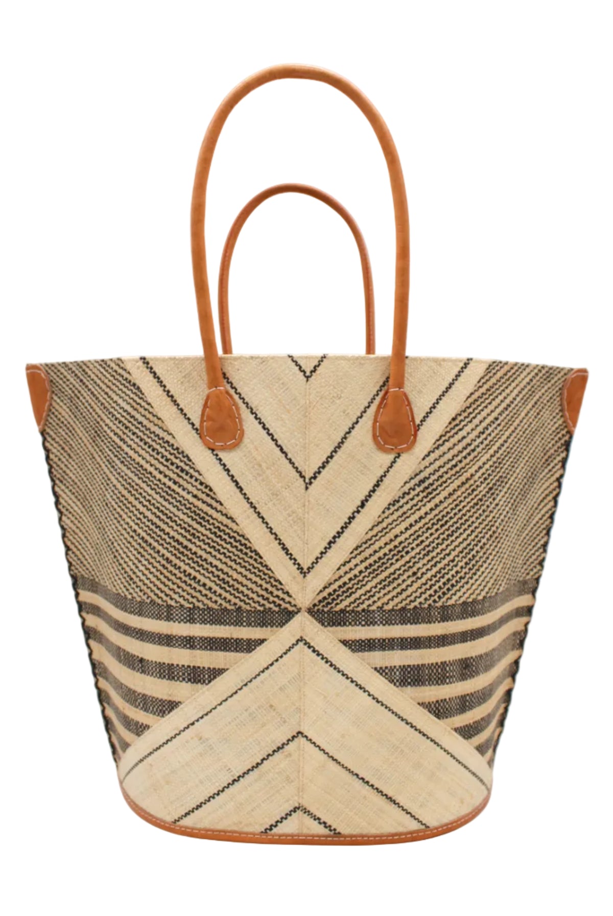 Mariposa Large Straw Tote Bag handmade loomed natural raffia palm fiber in a multi paneled pattern design of pinstripe, melange, and wide stripe combinations geometrically radiating from the center point of the bag outwards in a two tone color combination of Natural straw color and black with a solid hue of color on the back of the bag plus leather handles and embellishments shoulder bag - Shebobo