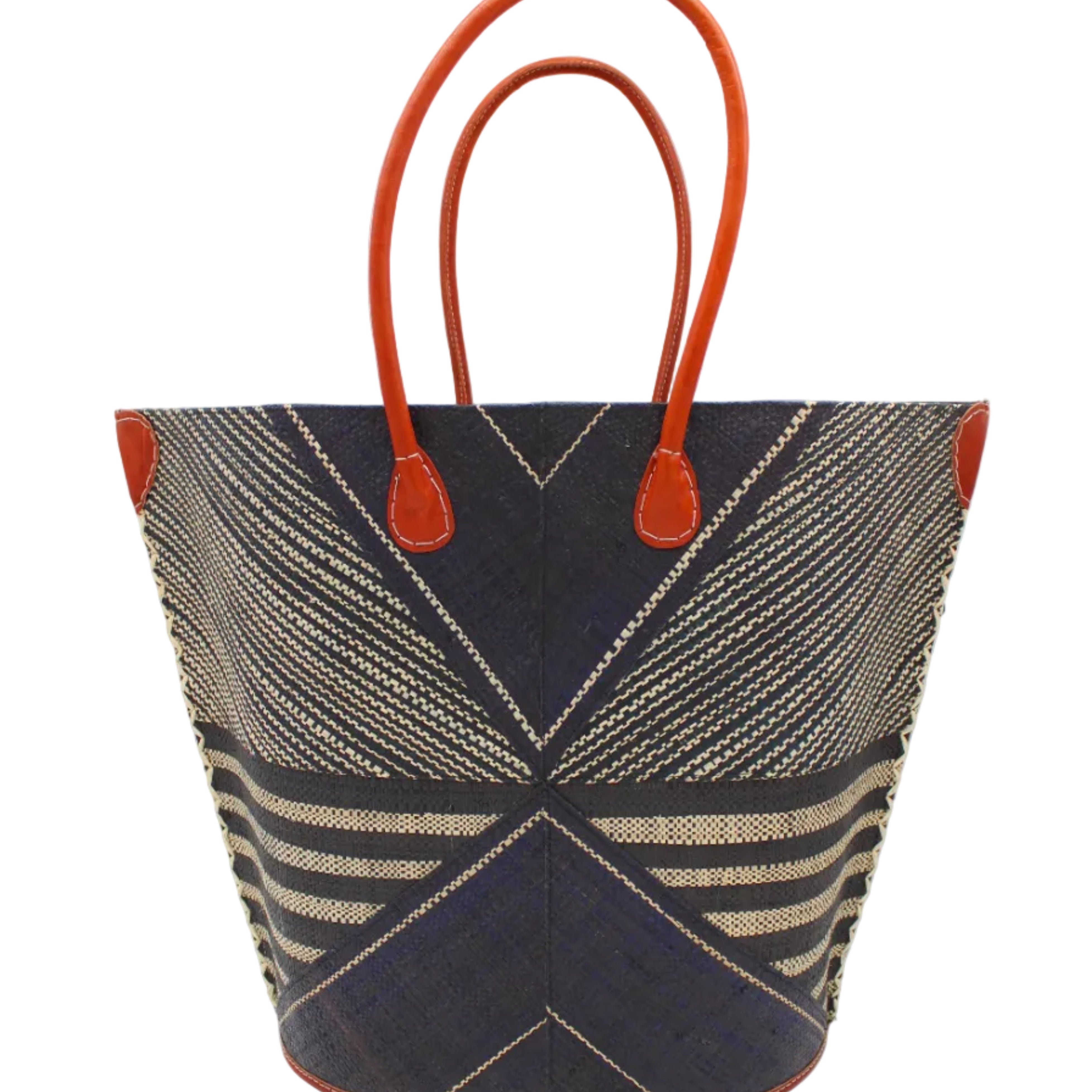 Mariposa Large Straw Tote Bag handmade loomed natural raffia palm fiber in a multi paneled pattern design of pinstripe, melange, and wide stripe combinations geometrically radiating from the center point of the bag outwards in a two tone color combination of Black and natural straw color with a solid hue of color on the back of the bag plus leather handles and embellishments shoulder bag - Shebobo