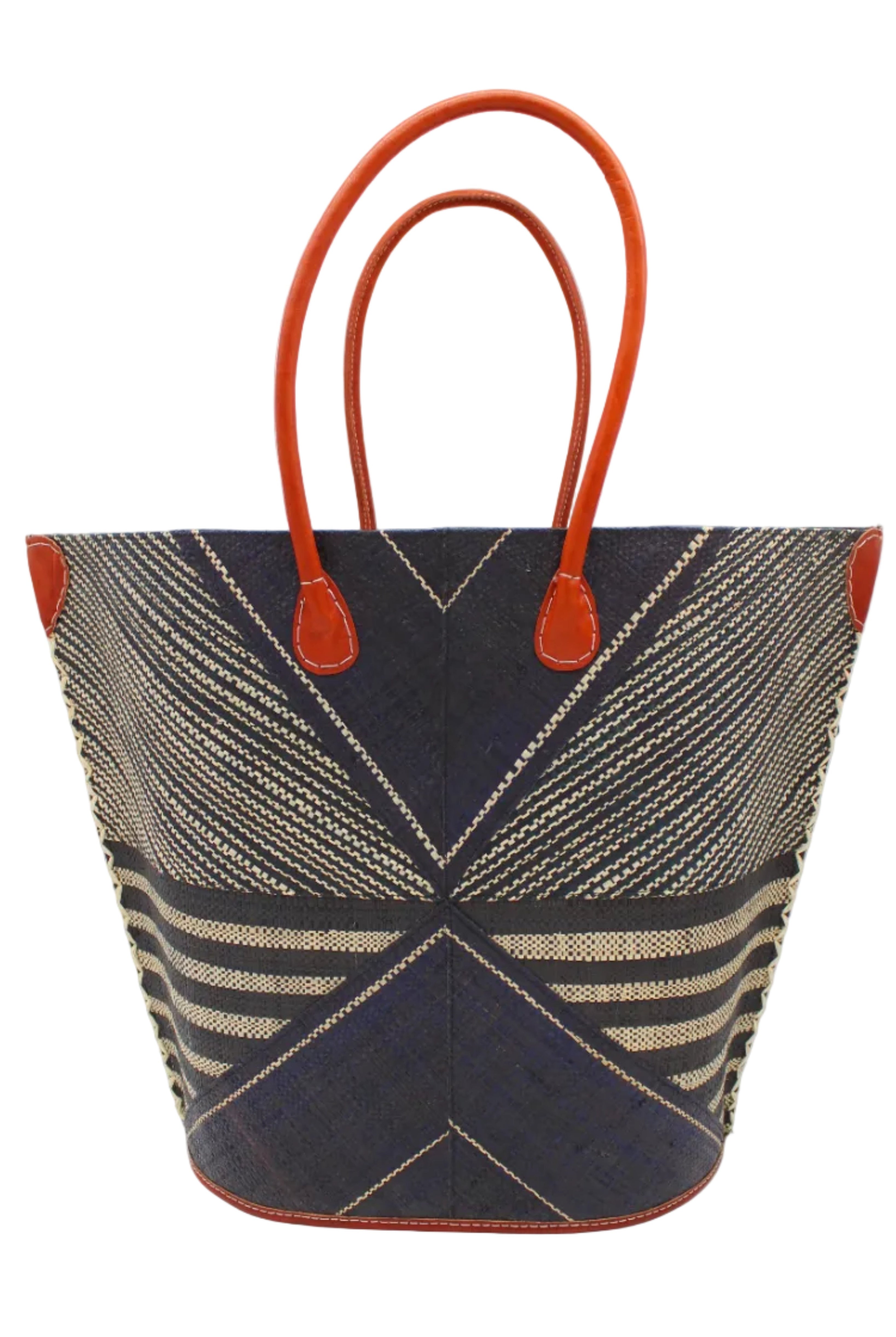 Mariposa Large Straw Tote Bag handmade loomed natural raffia palm fiber in a multi paneled pattern design of pinstripe, melange, and wide stripe combinations geometrically radiating from the center point of the bag outwards in a two tone color combination of Black and natural straw color with a solid hue of color on the back of the bag plus leather handles and embellishments shoulder bag - Shebobo