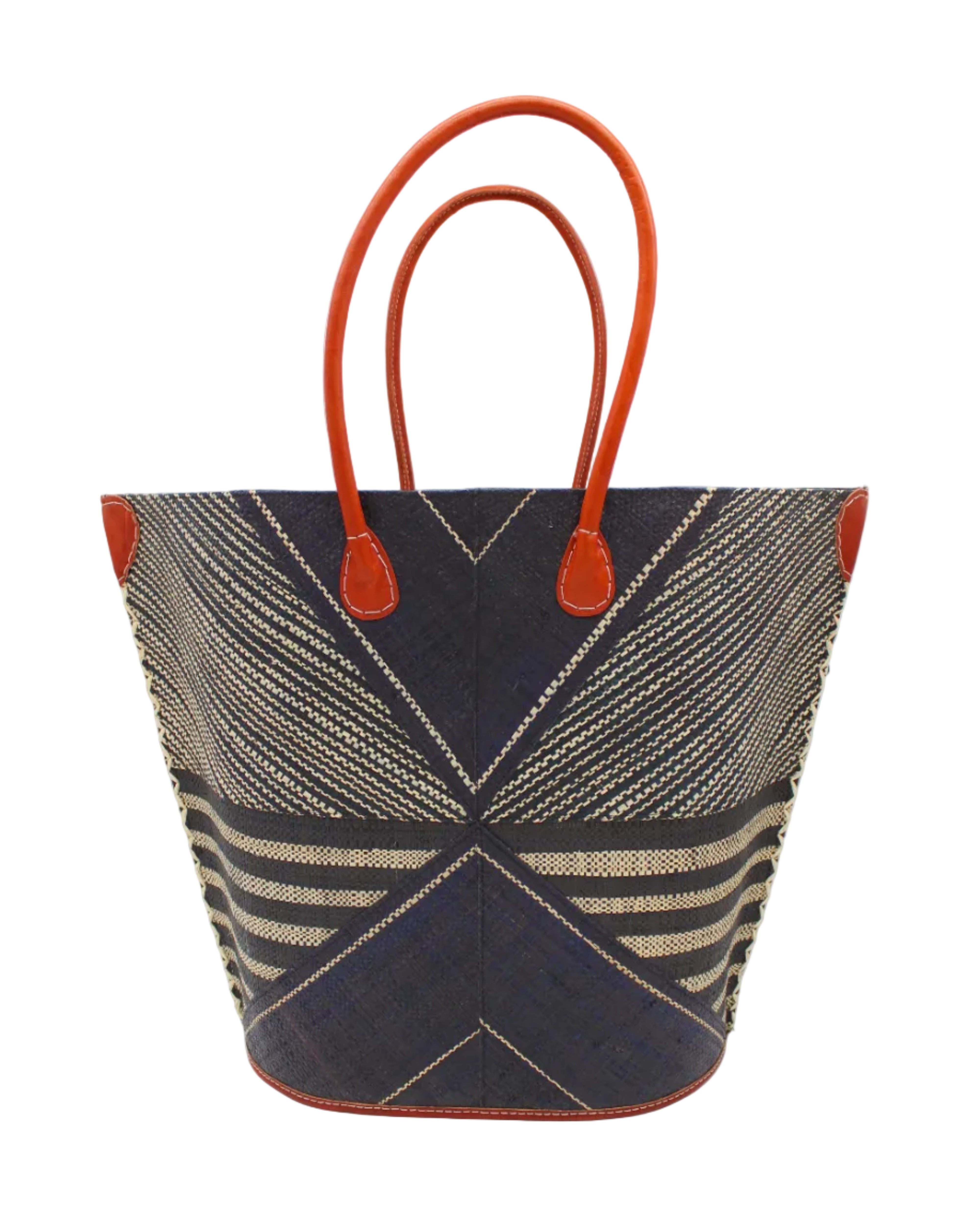Mariposa Large Straw Tote Bag handmade loomed natural raffia palm fiber in a multi paneled pattern design of pinstripe, melange, and wide stripe combinations geometrically radiating from the center point of the bag outwards in a two tone color combination of Black and natural straw color with a solid hue of color on the back of the bag plus leather handles and embellishments shoulder bag - Shebobo